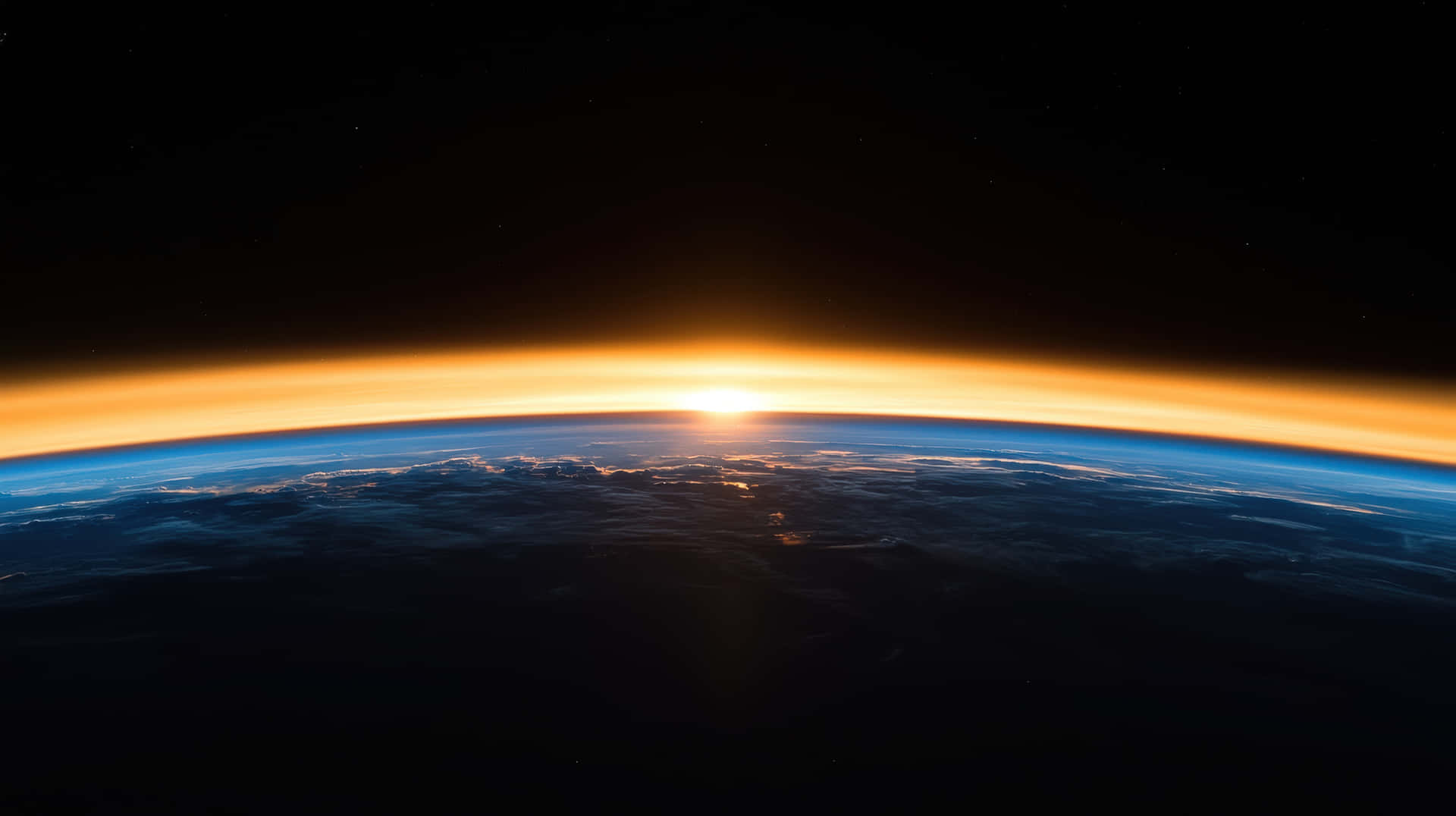 Stunning Sunrise Over Earth's Horizon Viewed from Outer Space 壁紙 — 地球彎曲地平線上的日出，在黑色太空中發出橙色光芒，帶有藍色大氣和雲頂。