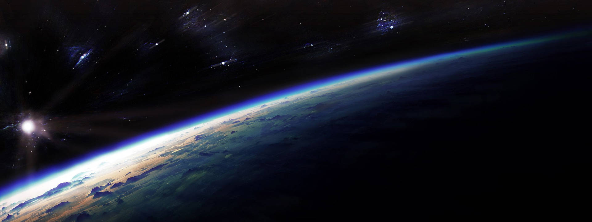 銀河 桌布 壁紙 — 地球彎曲的地平線在星際黑色的太空中散發著大氣藍色和橙色的光芒，令人嘆為觀止。