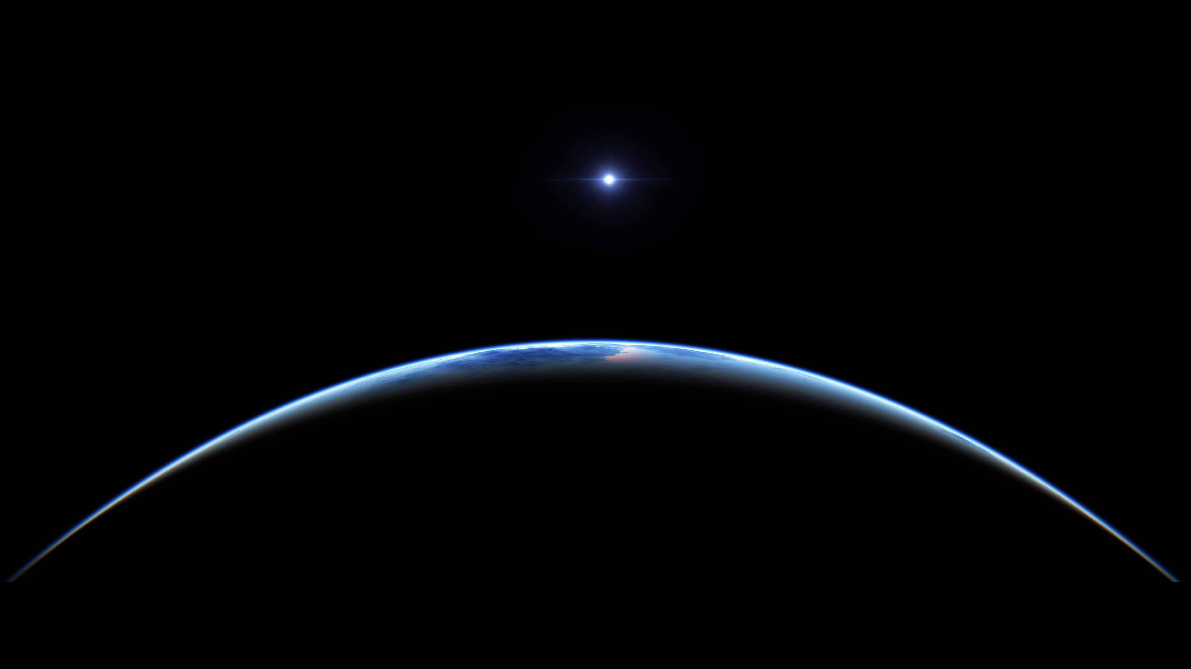 4K 太空 桌布 壁紙 — 地球彎曲的地平線在黑色虛空中發出藍色和白色的光芒，一顆明亮的星星在上方閃耀。