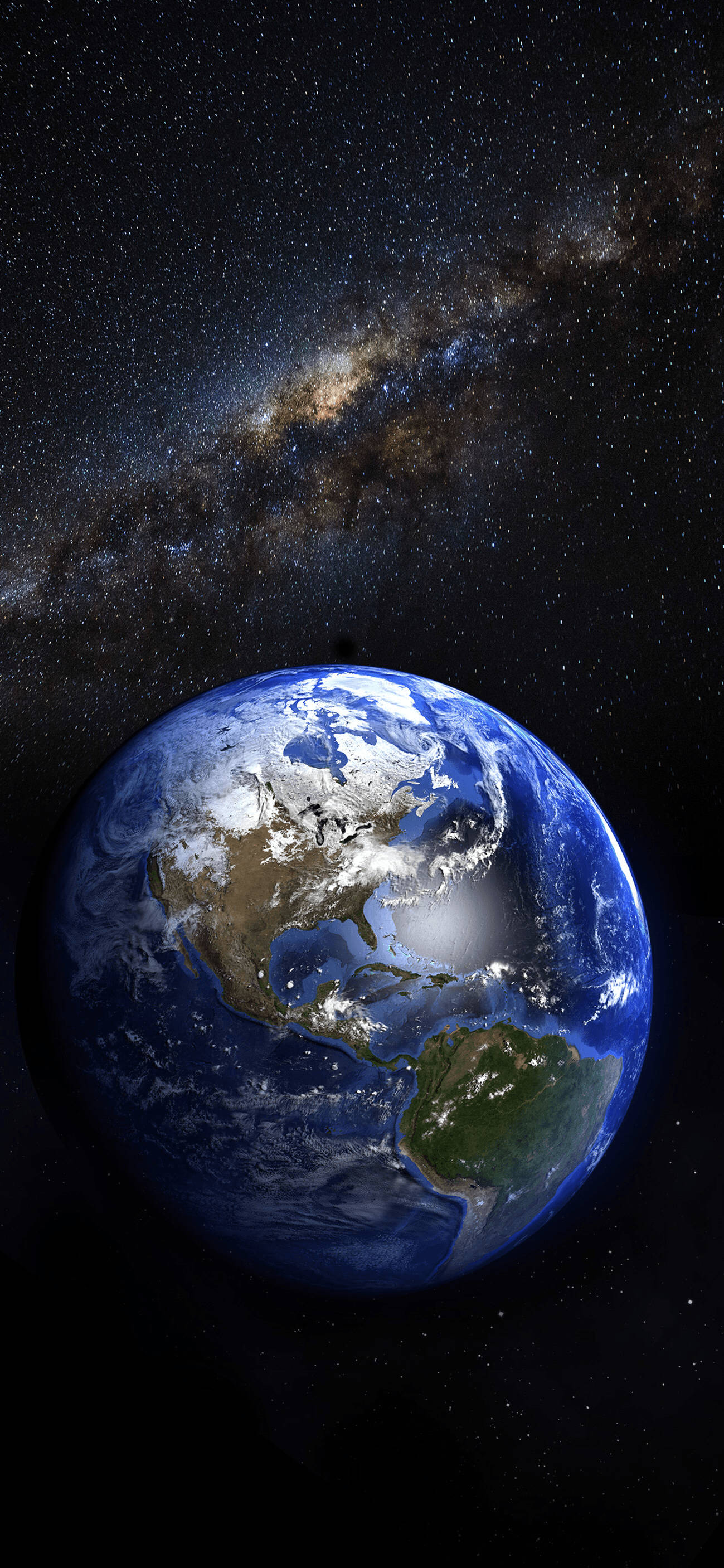 地球 桌布 壁紙 — 地球懸掛在太空中，旋轉的雲層和各大洲在星空和銀河系下清晰可見。
