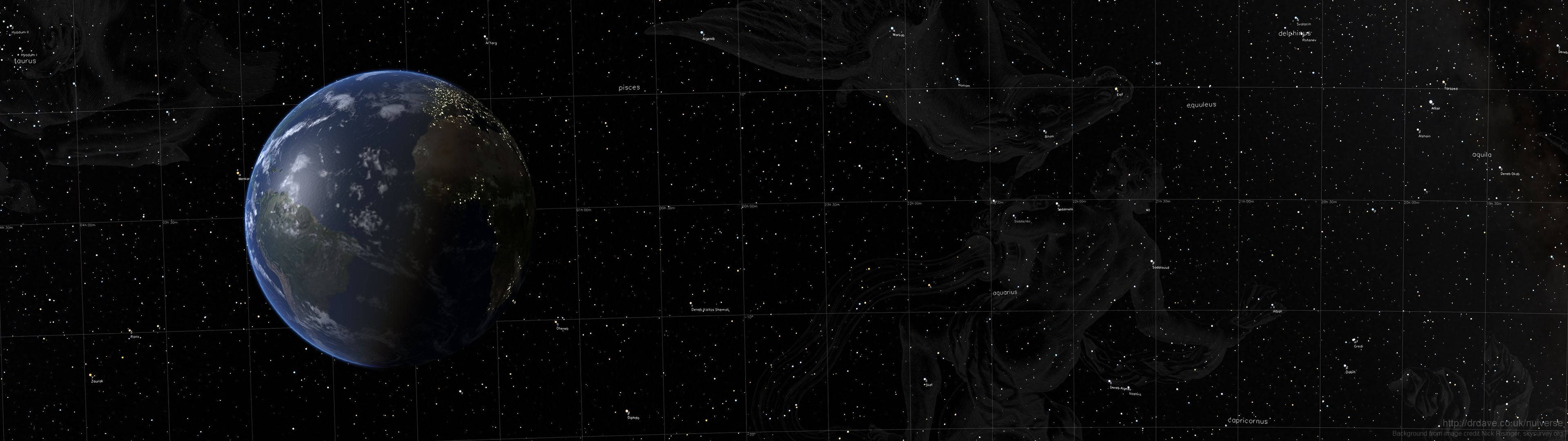 高清 桌布 壁紙 — 地球懸掛在星空之中，由微弱的星座和網格線框住。