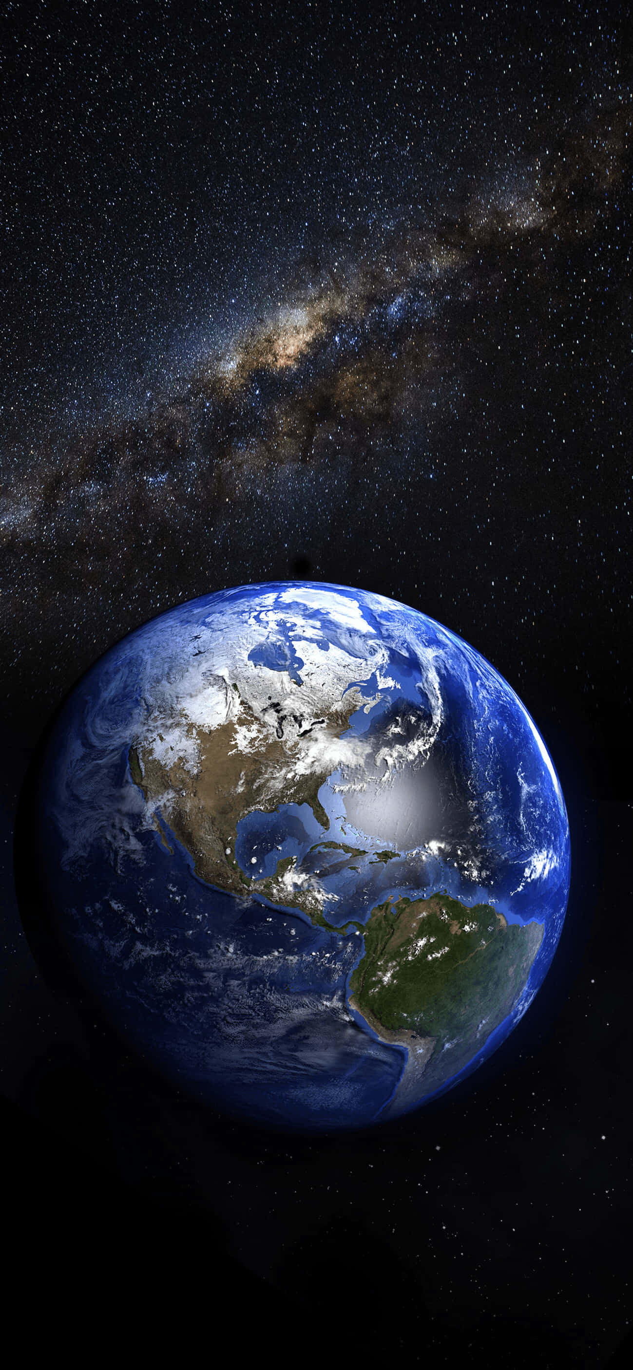 地球 桌布 壁紙 — 地球懸浮在太空中，銀河系在其後彎曲，展現出大陸、海洋和旋轉的雲層。