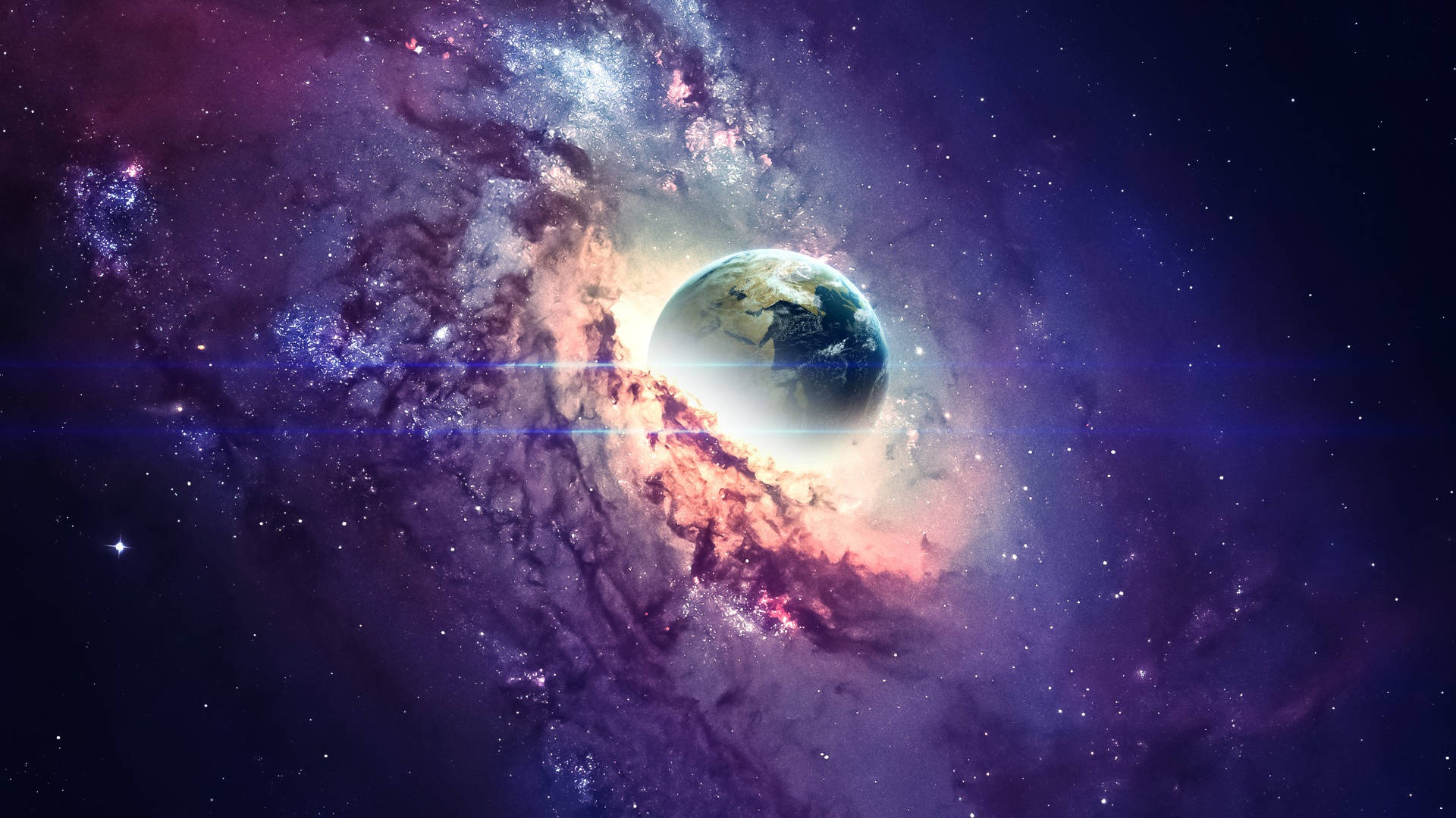 宇宙美學 桌布 壁紙 — 地球漂浮在旋轉的宇宙雲和發光的星雲之中，下方是星光燦爛的紫色和粉色星系。
