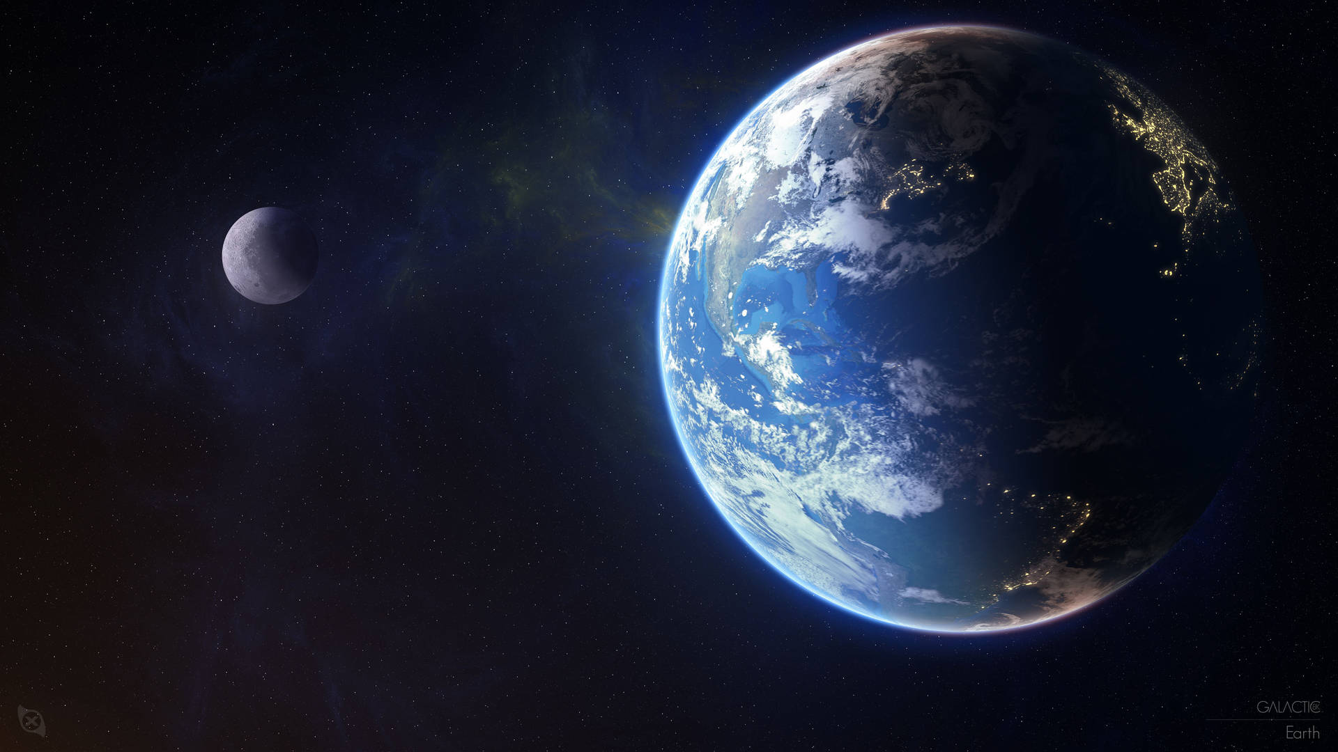 地球和月球在太空中，帶有城市燈光和星星 — 4K 地球 壁紙