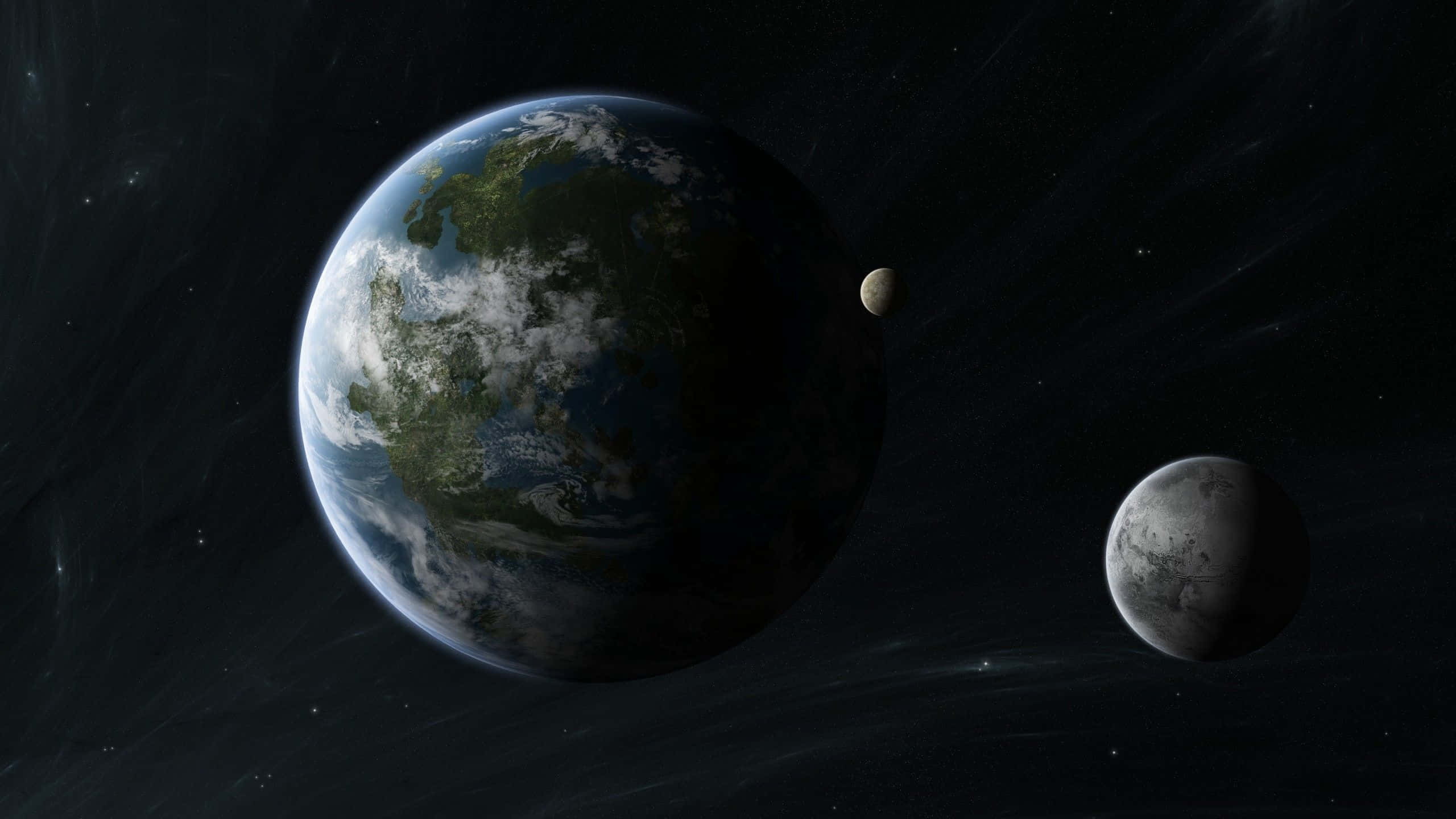 Exoplanet 桌布 壁紙 — 地球的壯麗景色，藍色海洋和綠色大陸，伴隨著兩個月亮，背景是星光燦爛的宇宙。
