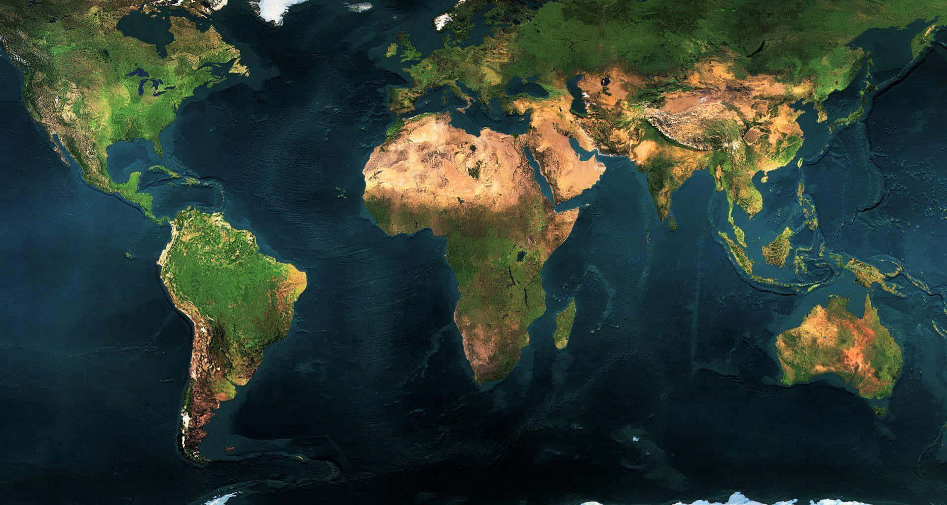 World 桌布 壁紙 — 地球的航空衛星視圖，以鮮豔的綠色、棕色和藍色色調顯示大陸和海洋。