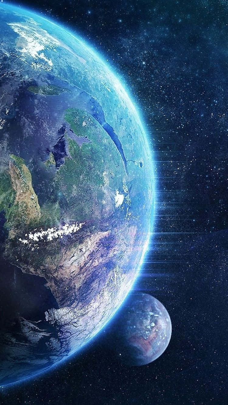 iPhone Earth 桌布 壁紙 — 地球與一顆較小的行星在繁星點點的宇宙背景下閃耀的壯麗景色。