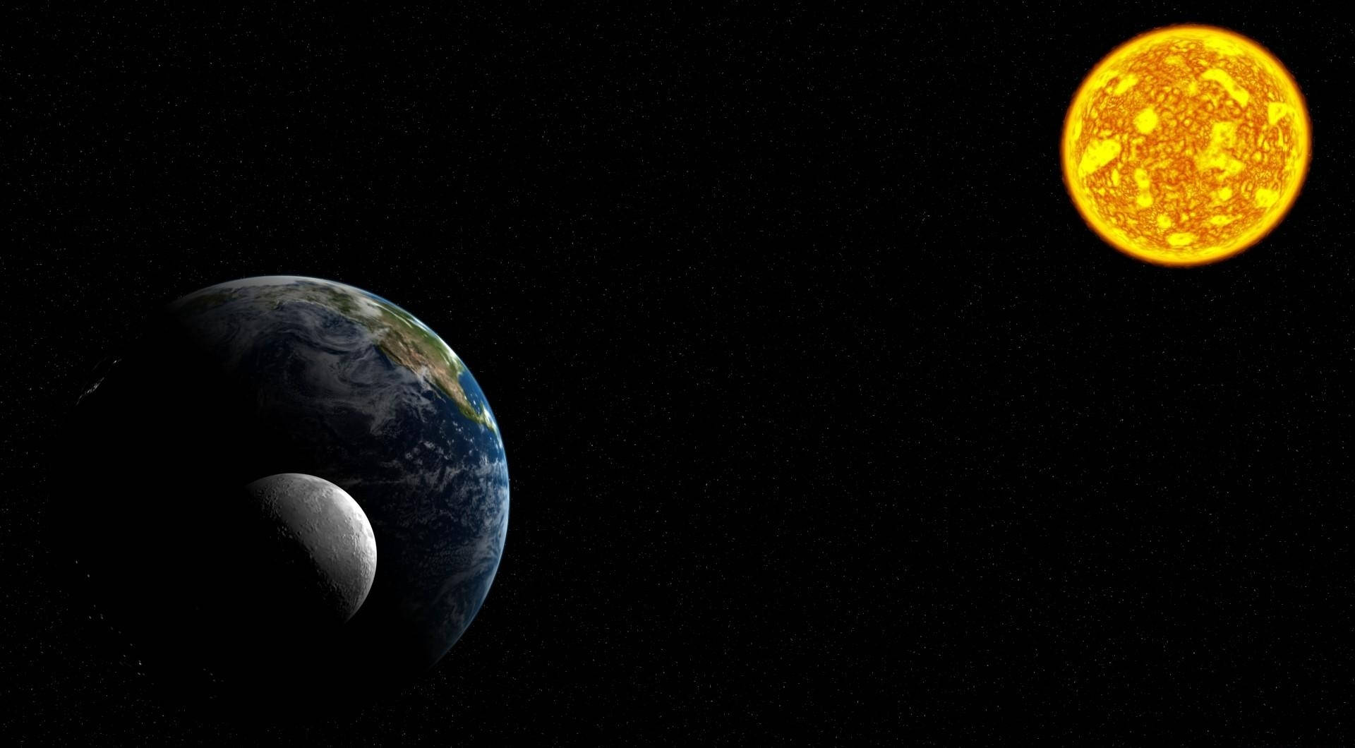 Sun And Moon 桌布 壁紙 — 地球與月球軌道靠近熾熱的太陽，背景是星空。