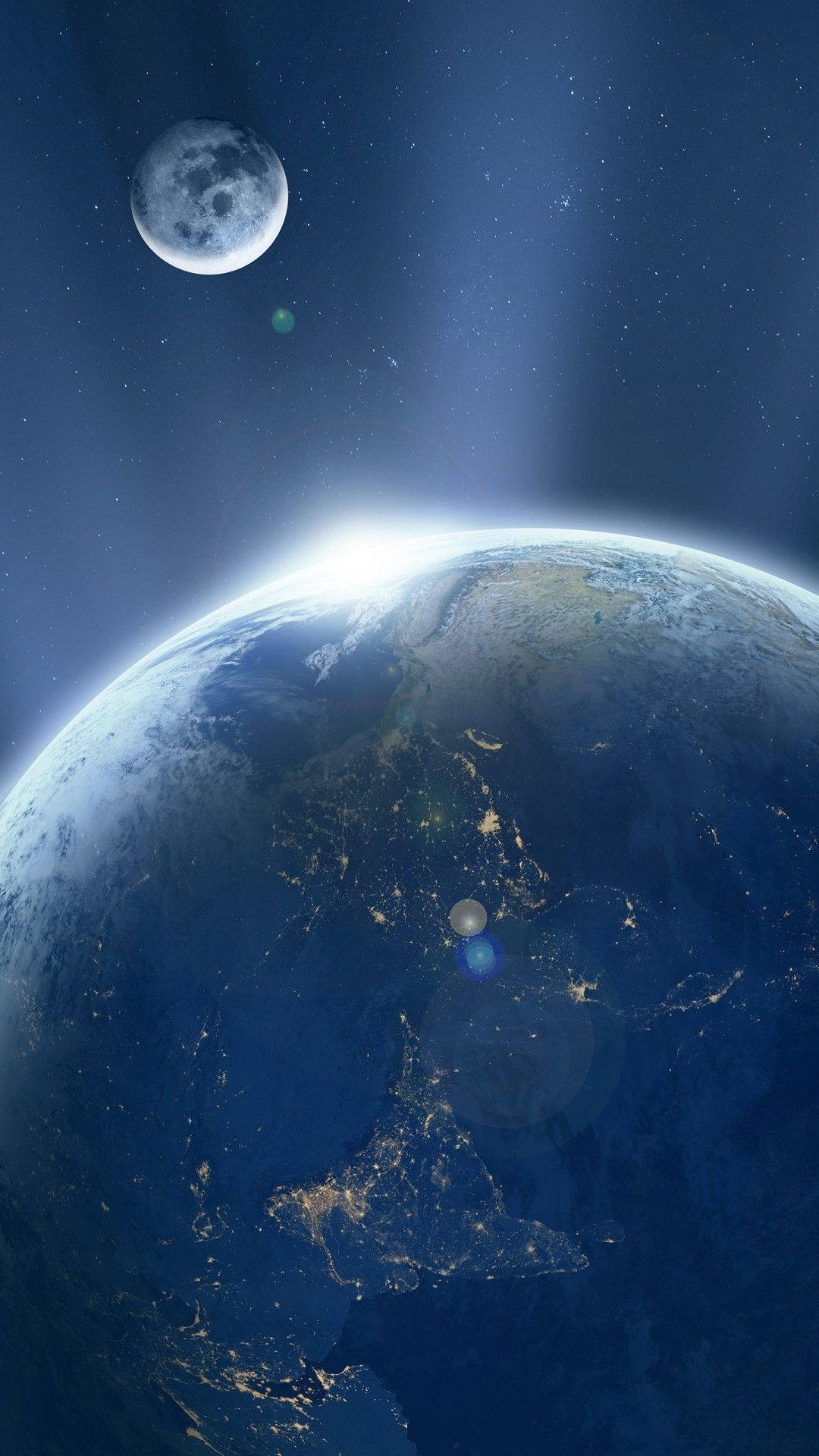 地球 桌布 壁紙 — 地球閃耀著城市燈光，月亮懸掛在繁星點點的夜空之上。