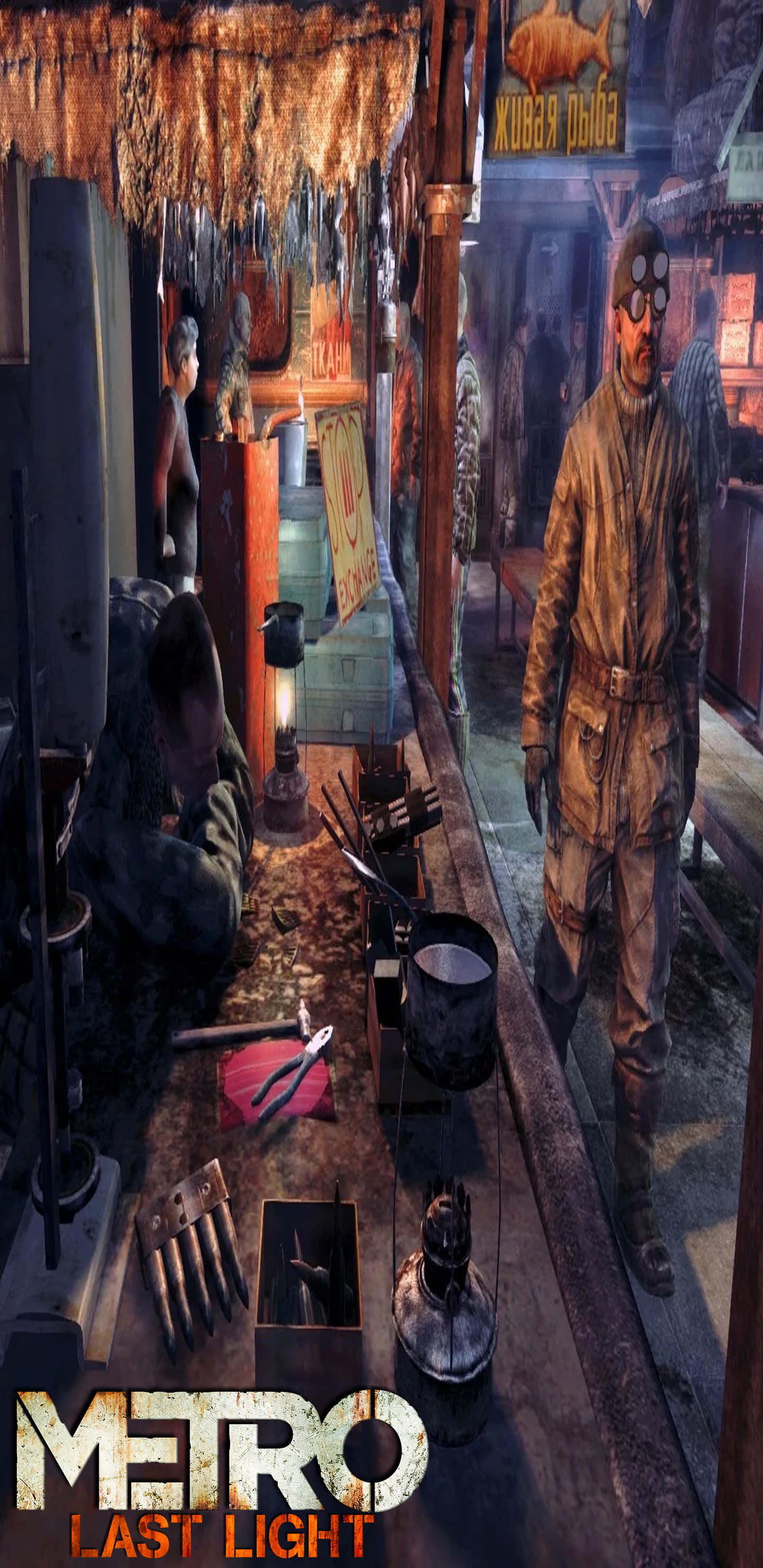 電玩遊戲 桌布 壁紙 — 《地鐵：最後的曙光》中一個骯髒的地下車站，一名戴著防毒面具的男子站在一個被燈籠照亮的雜亂櫃檯旁。