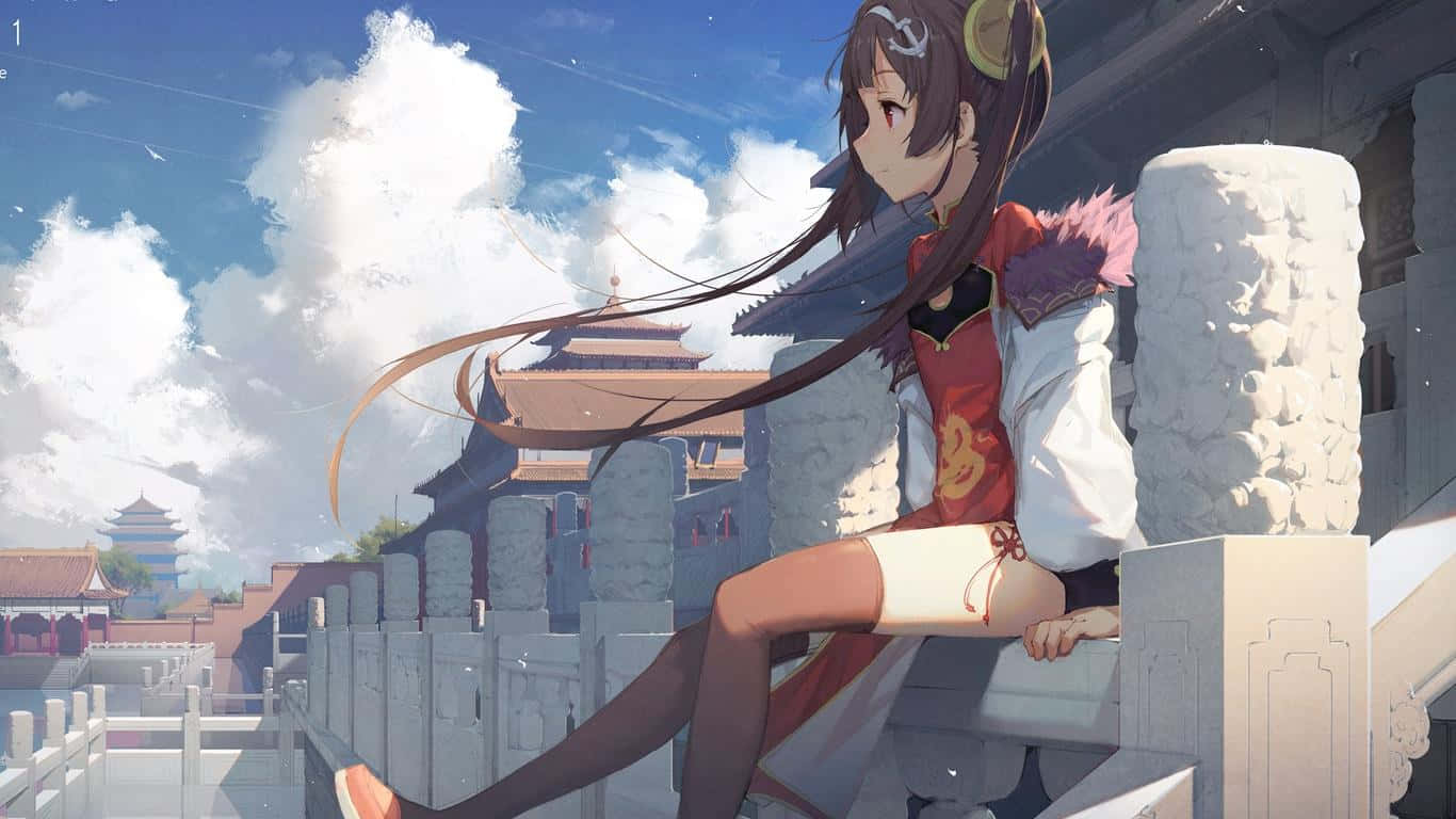 坐在城市背景下的 ledge 上的女孩 壁紙