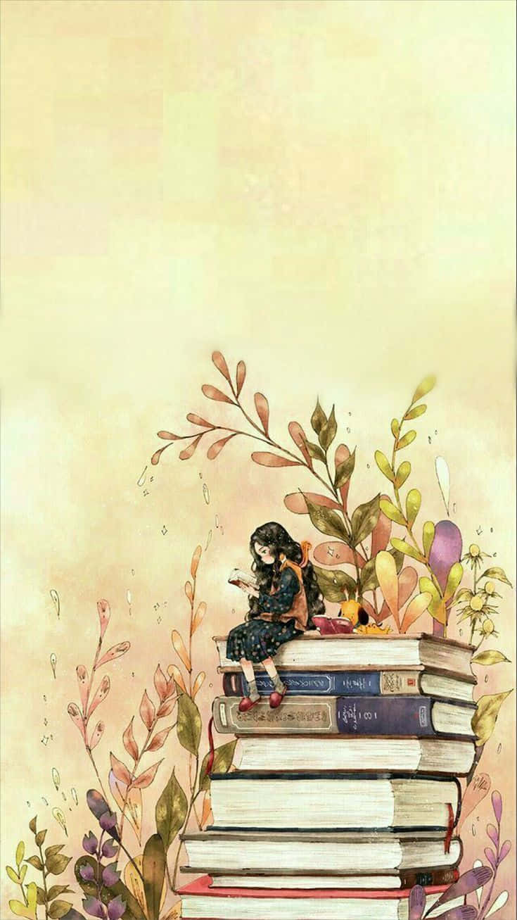坐在書堆上的女孩 壁紙