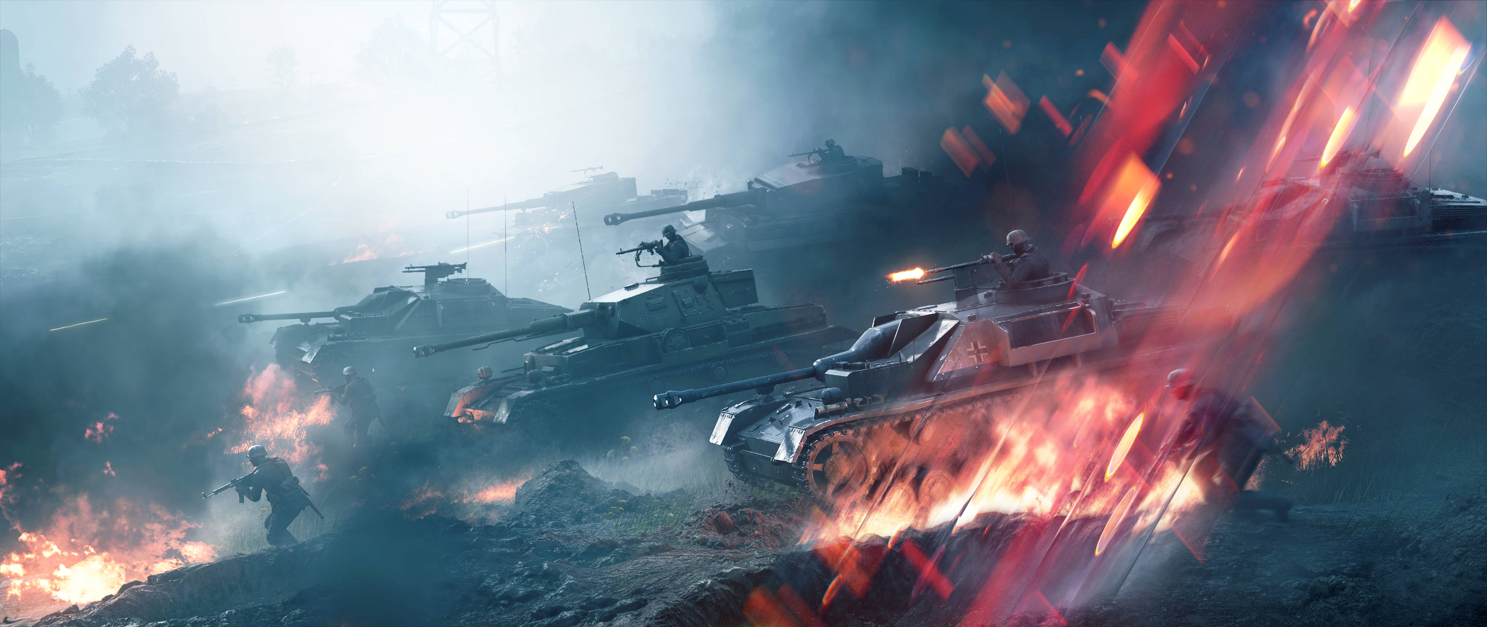 Battlefield 5 桌布 壁紙 — 坦克和士兵在煙霧和火焰中戰鬥，爆炸照亮了混亂的戰場。