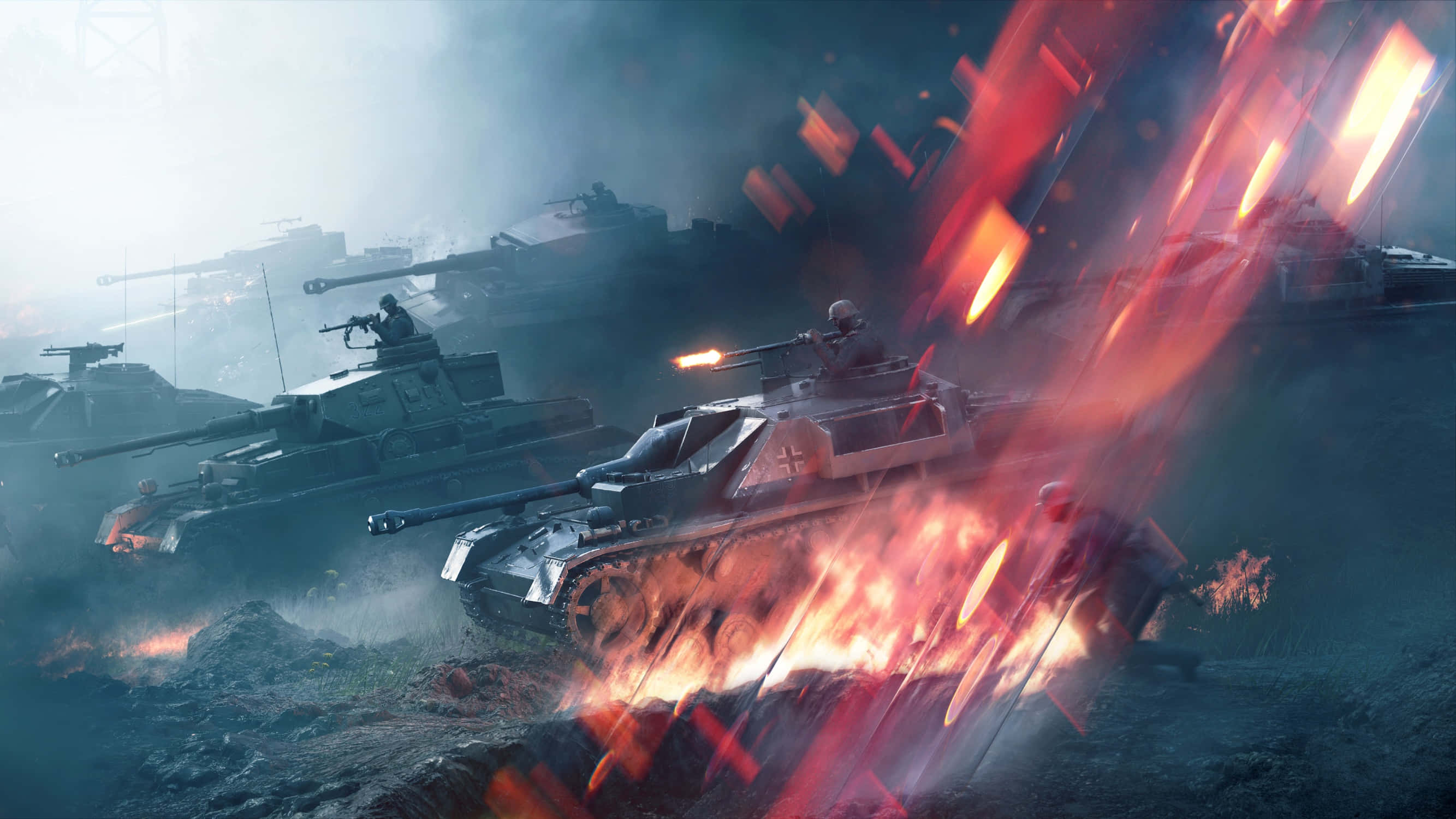 Battlefield Vehicles 桌布 壁紙 — 坦克在煙霧瀰漫的戰場上戰鬥，爆炸和火焰在裝甲車周圍爆發。