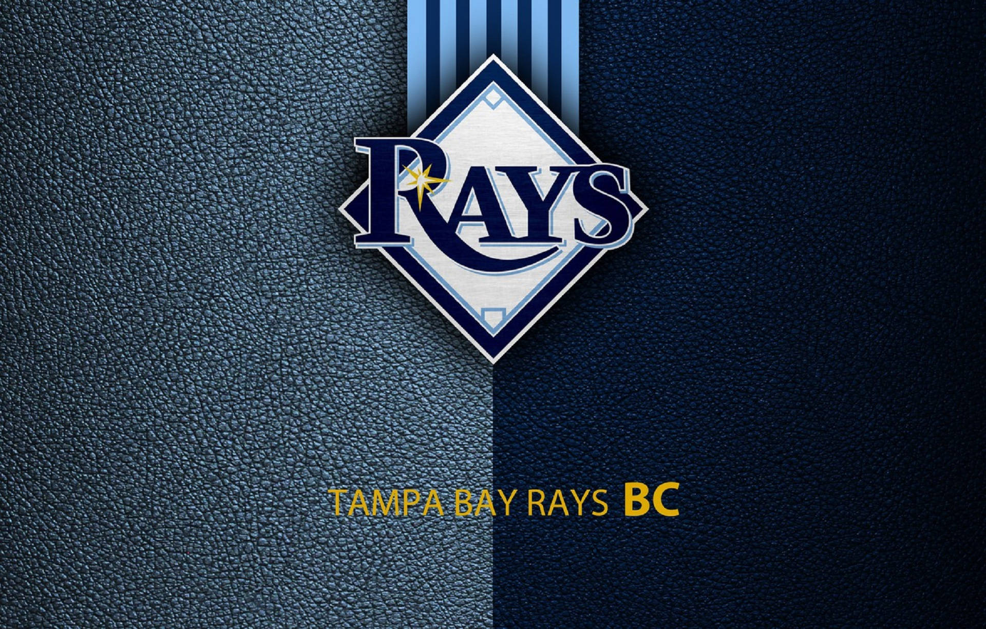 Rays 桌布 壁紙 — 坦帕灣光芒棒球隊標誌居中於有紋理的深藍色皮革背景上，下方有球隊名稱文字。