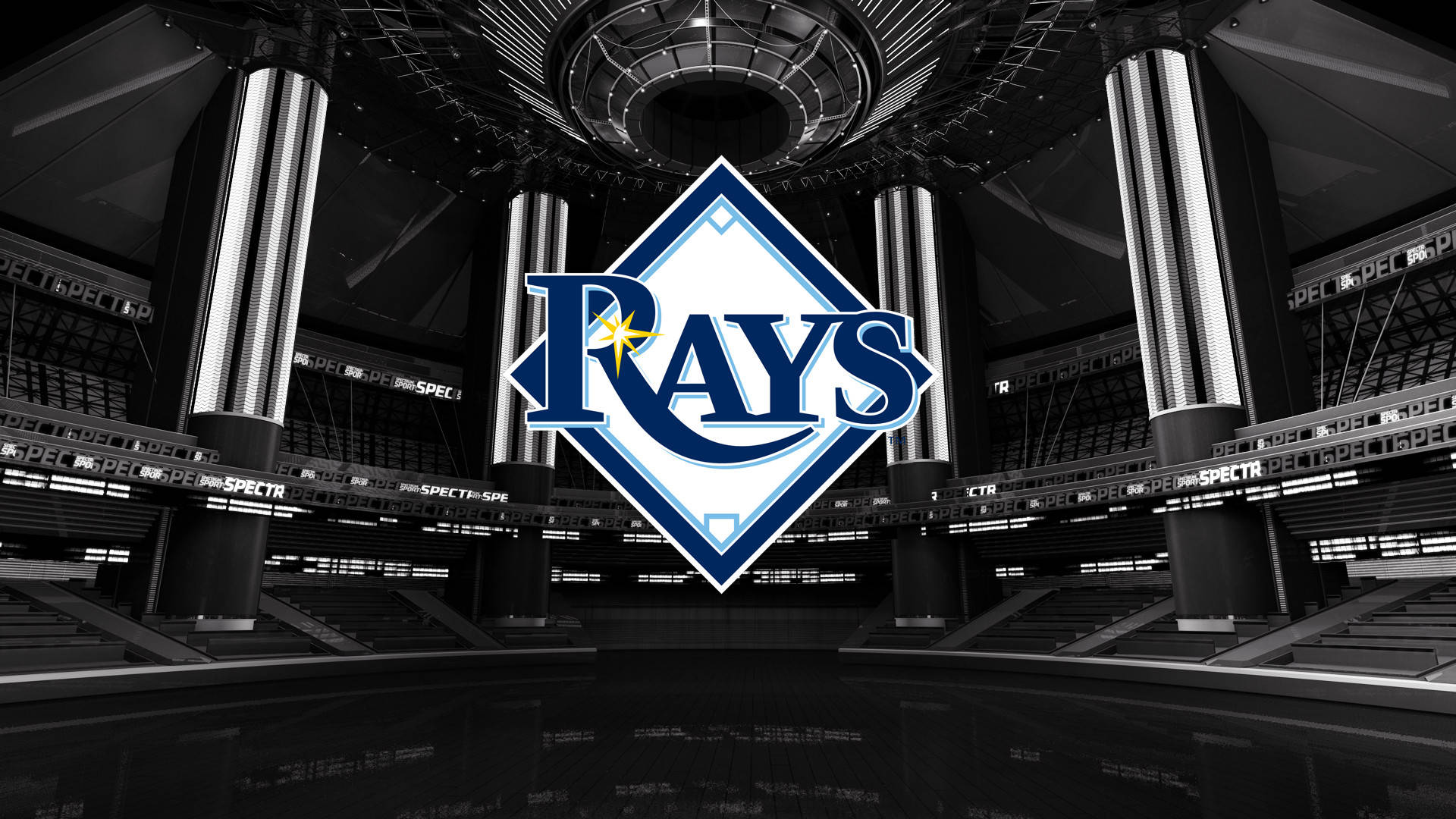 Rays 桌布 壁紙 — 坦帕灣光芒隊的標誌在時尚的黑白球場內部中央以藍色和白色發光，地板反射光線，柱子高聳。