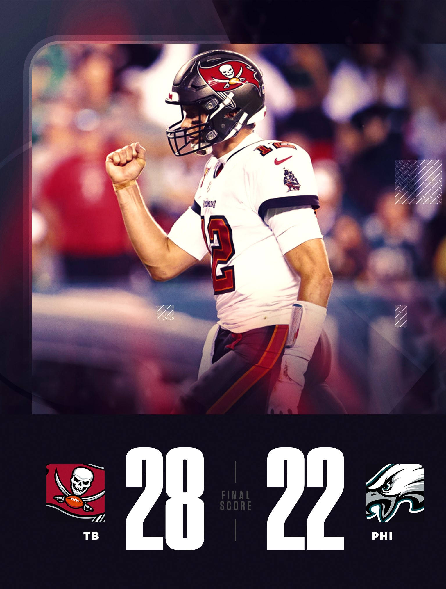 足球 桌布 壁紙 — 坦帕灣海盜隊四分衛高舉拳頭慶祝勝利，記分板顯示對陣費城老鷹隊的最終比分為28比22。