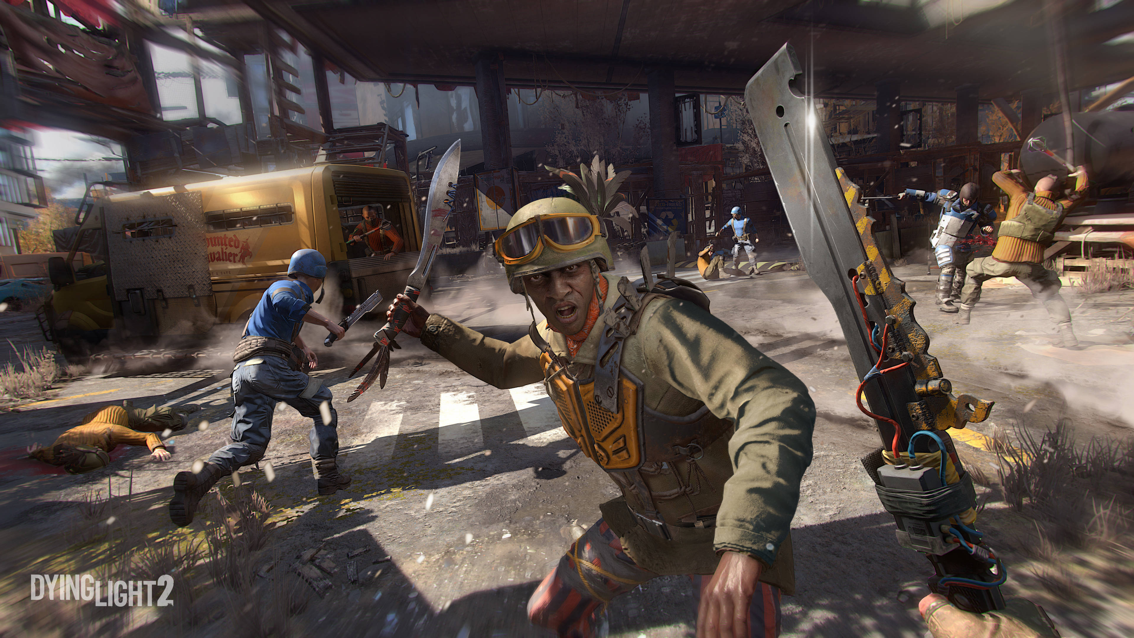 Dying Light 2 桌布 壁紙 — 《垂死之光2》中一個陰暗的殭屍末日場景，倖存者在陽光照耀的城市廢墟中對抗感染者。