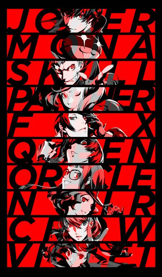 Red And Black Anime 桌布 壁紙 — 垂直動漫角色拼貼畫，在風格化面孔上疊加粗體紅色和黑色文字。