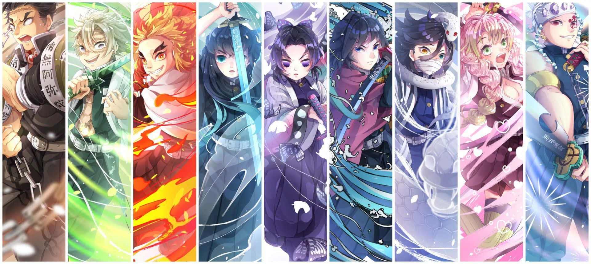 Kimetsu No Yaiba 桌布 壁紙 — 垂直動漫角色橫幅，展示多樣化的戰士和英雄，搭配充滿活力的動態背景。