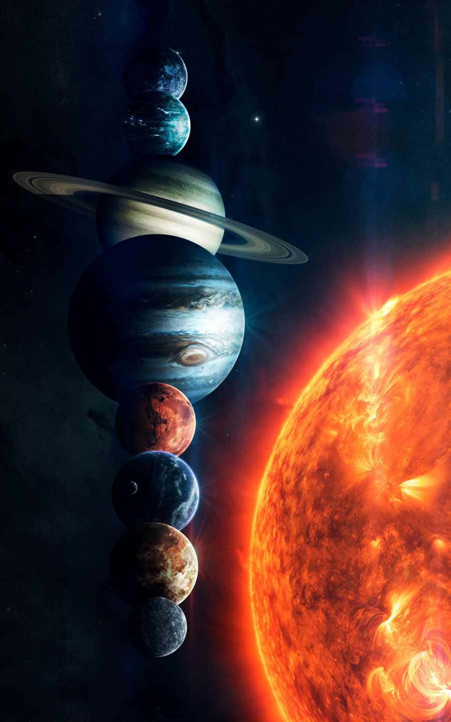 堆疊的行星，包括土星和木星，靠近太空中熾熱的太陽。 — 太陽系 GIF 壁紙