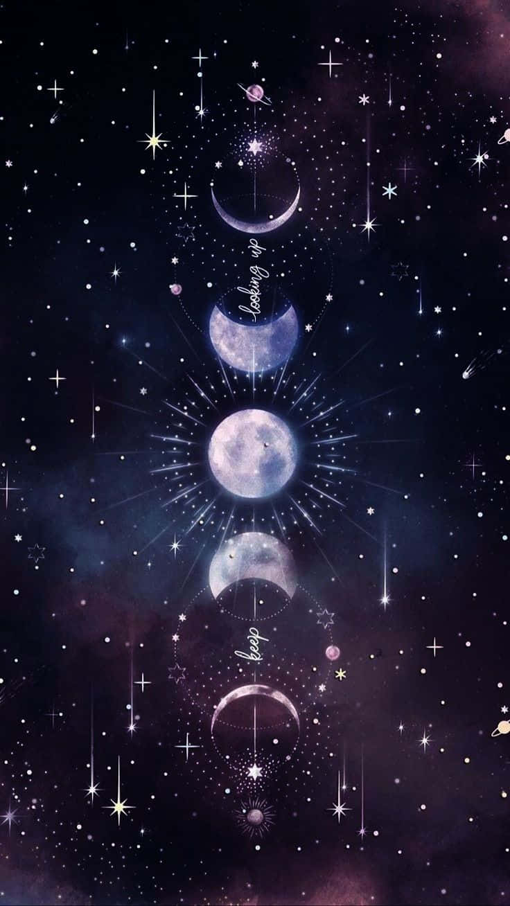 Moon Aesthetic 桌布 壁紙 — 垂直宇宙插圖顯示月相在繁星點點的紫色和黑色夜空中發光，並伴有輻射光爆發。