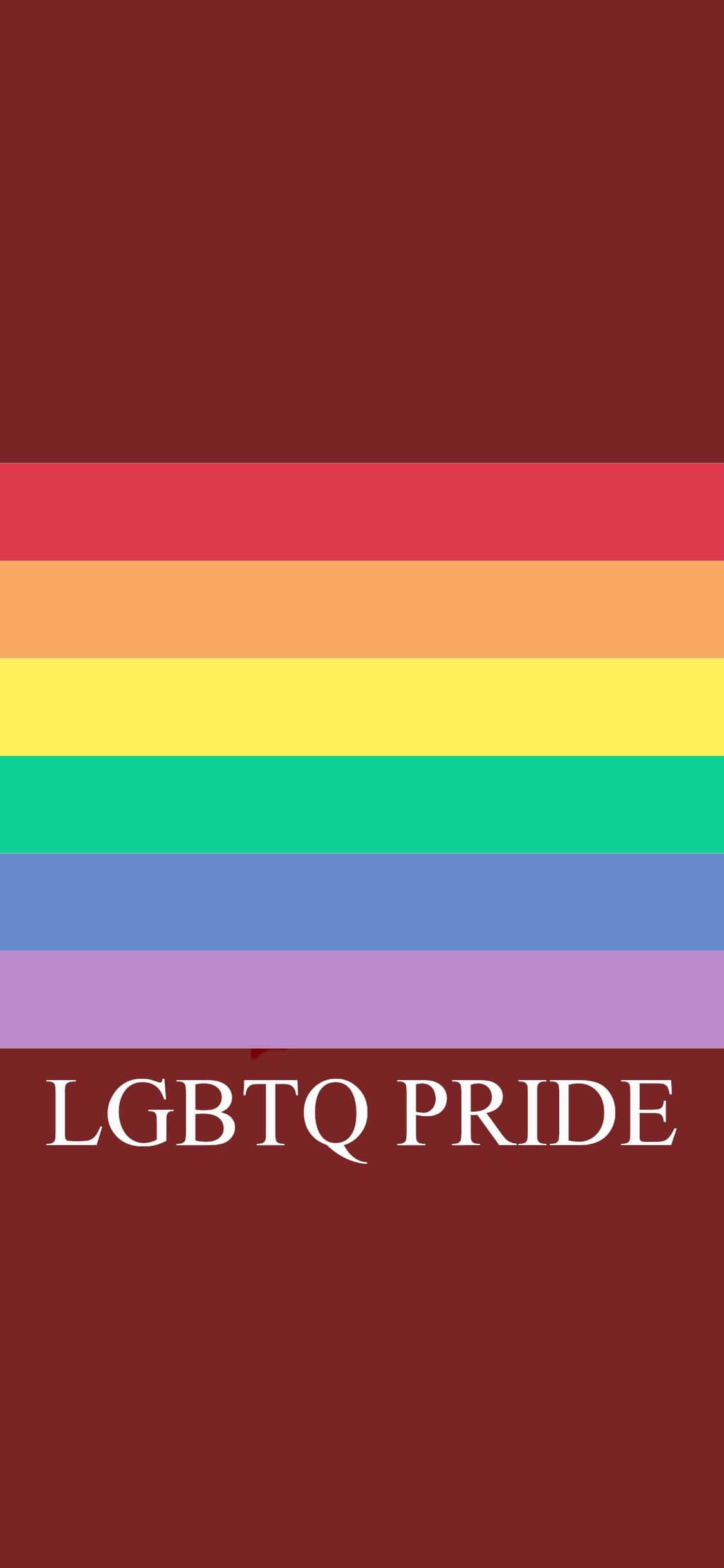 Lgbt iPhone 桌布 壁紙 — 垂直彩虹驕傲旗，下方有粗體文字，背景為深紅色。