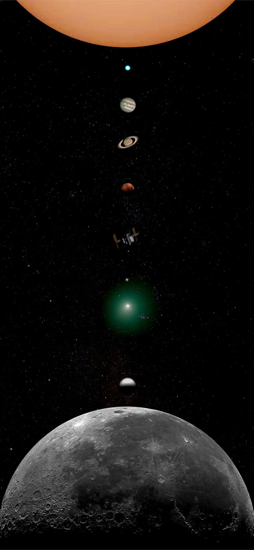 太陽系 桌布 壁紙 — 垂直排列的行星和天體，包括木星、土星、火星和太空船，背景是繁星點點的黑色天空，底部有月亮。