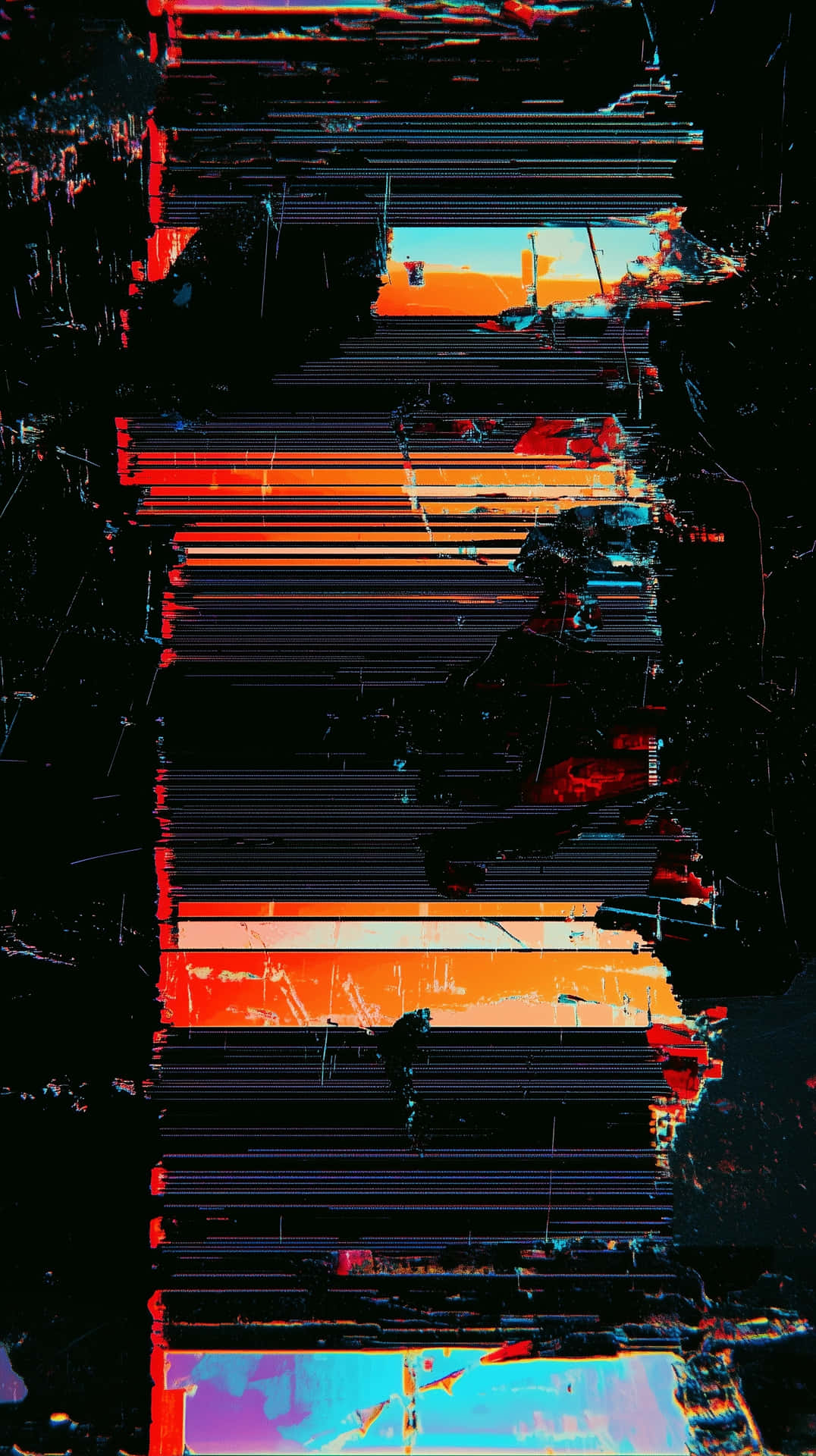 Digital Glitch Art with Abstract Distorted Pixels and Vibrant Colors 壁紙 — 垂直故障藝術條紋，橙色、藍色和黑色，帶有數位失真和像素化紋理。