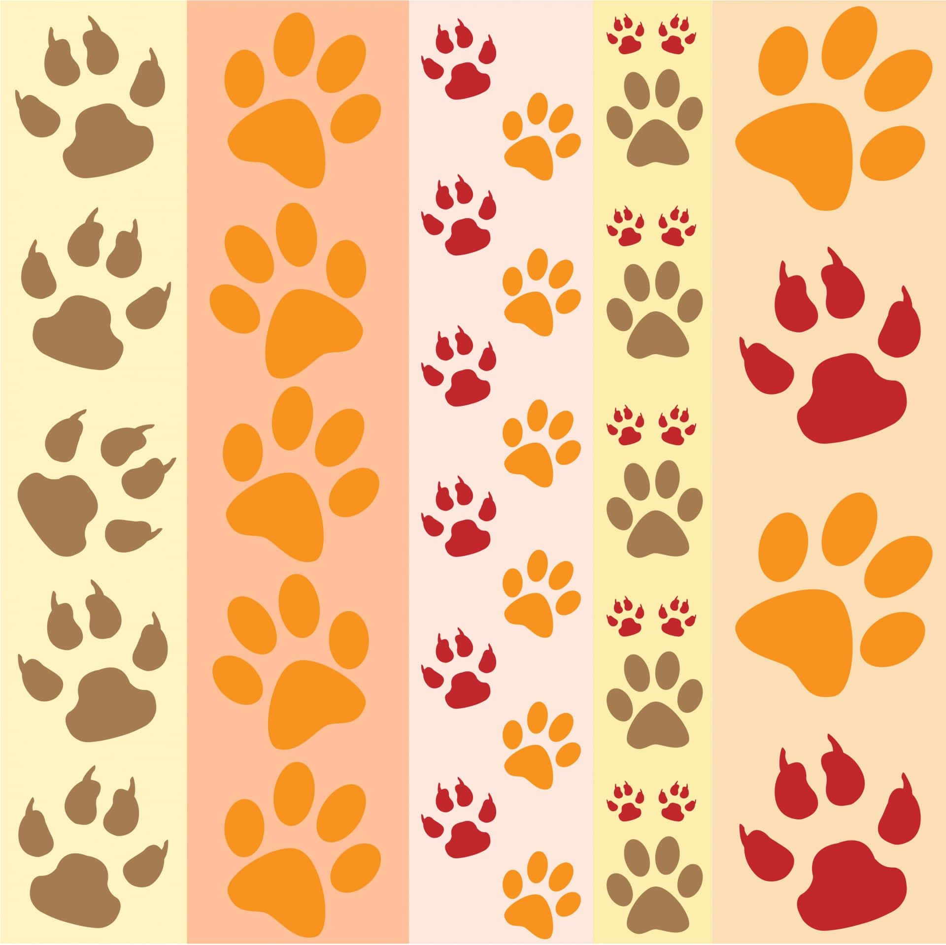 paws 桌布 壁紙 — 垂直條紋，重複的狗和貓腳印，以溫暖的棕色、橙色和紅色色調呈現，背景為粉彩。