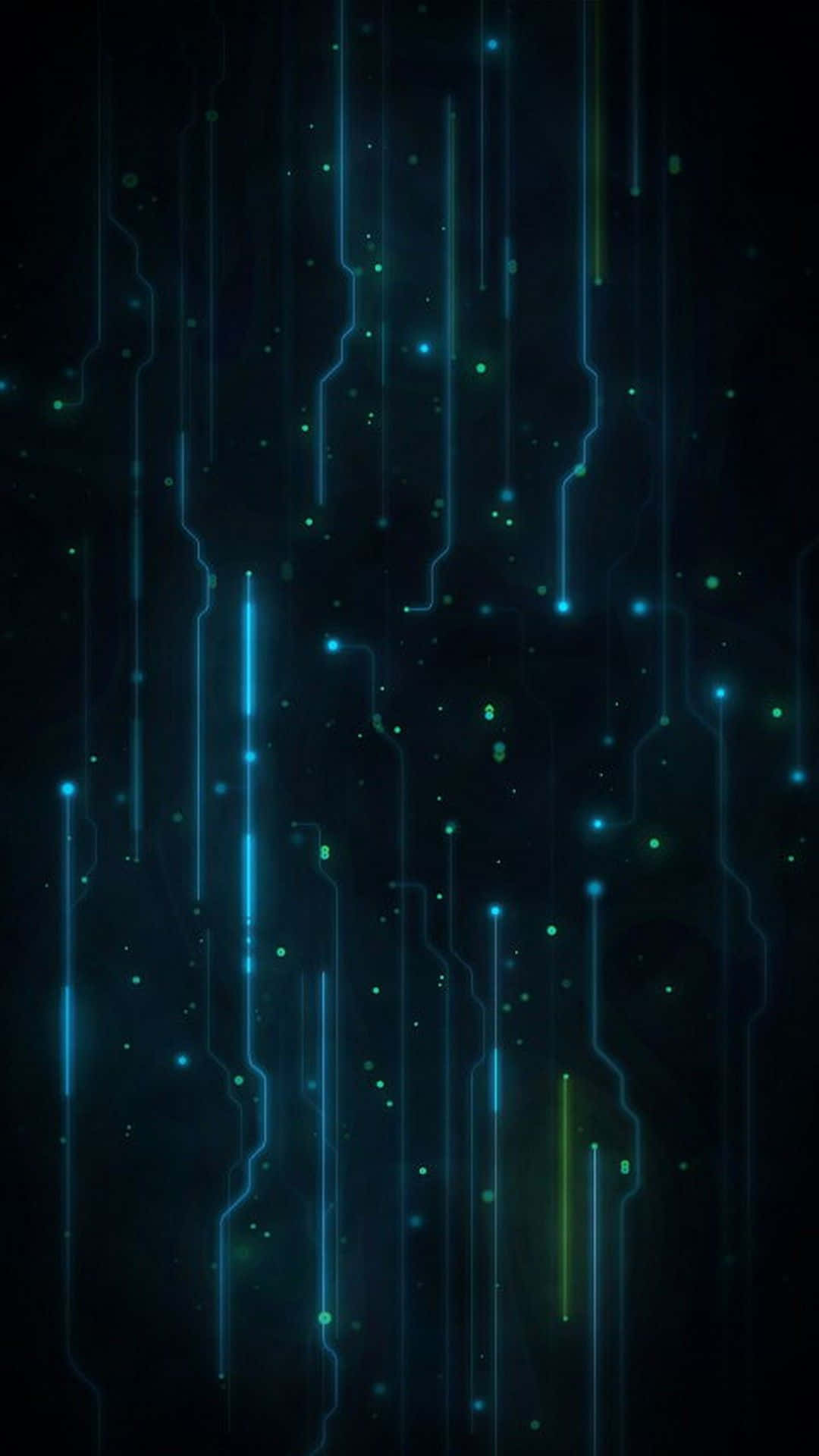 Dark Teal 桌布 壁紙 — 垂直發光的藍色和綠色電路線像數位雨一樣在黑暗背景上層疊。
