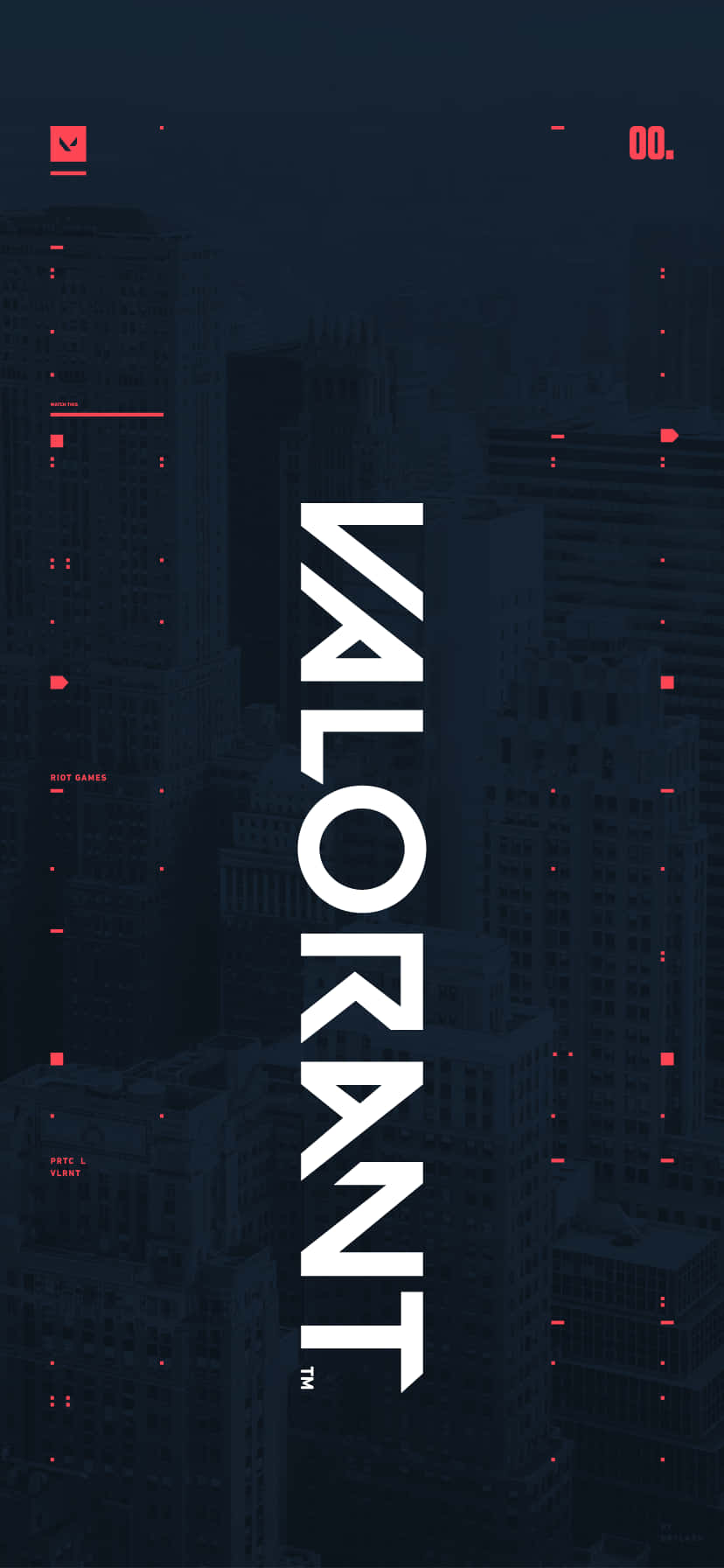 Android Valorant 桌布 壁紙 — 垂直的Valiant標誌以粗體白色文字主導著帶有紅色數位介面元素的黑暗城市景觀。