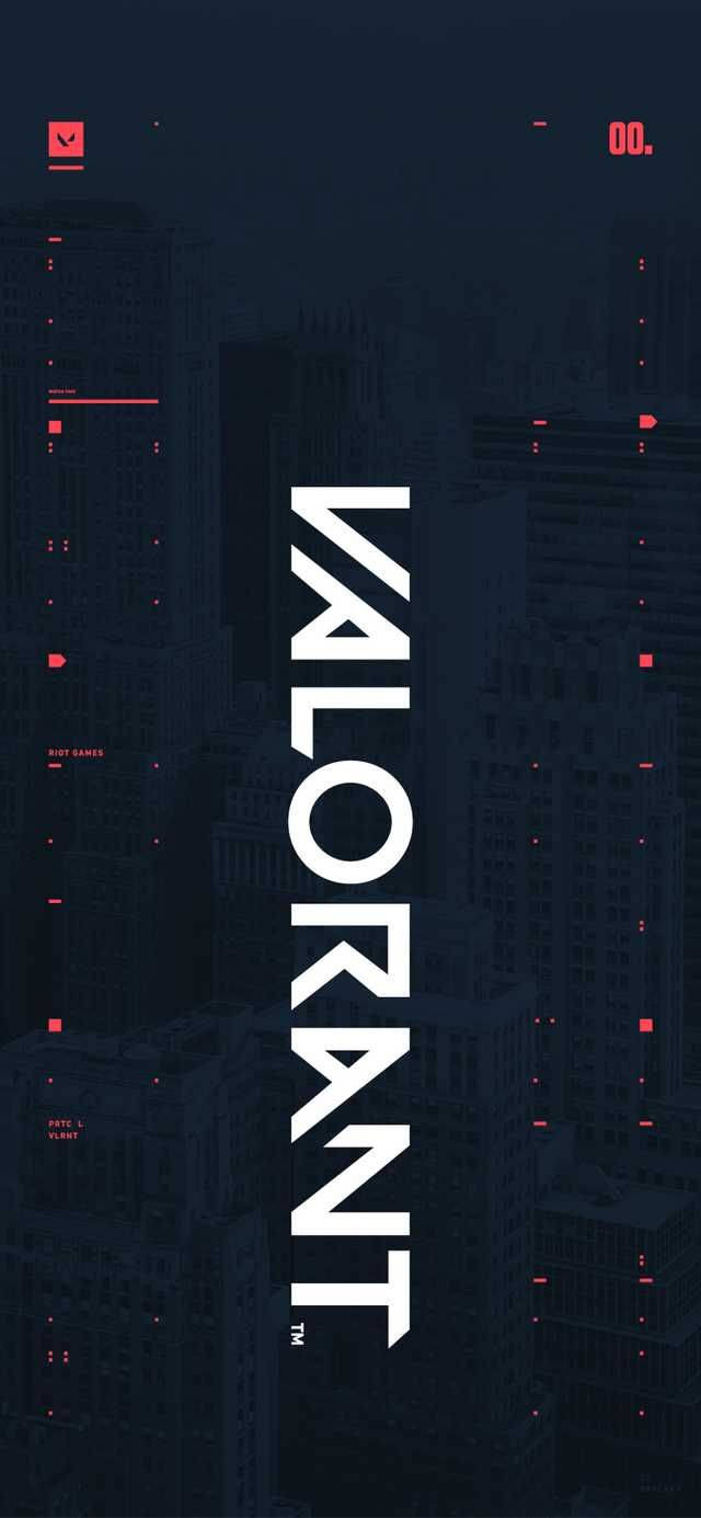 Valorant iPhone 壁紙 桌布 壁紙 — 垂直的Valorant標誌以粗體白色文字主導著黑暗的城市景觀，帶有發光的紅色數位點綴。