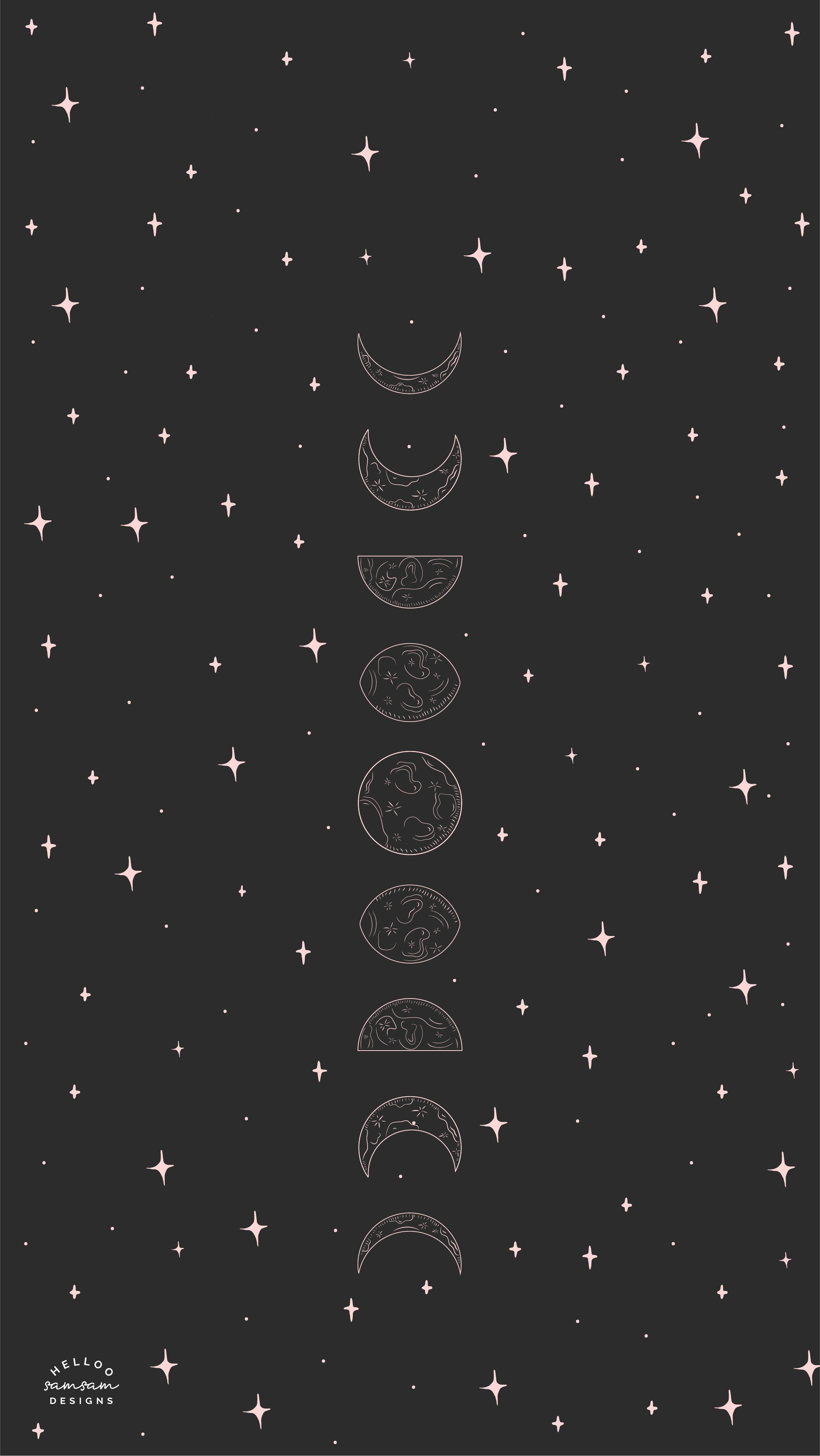 Moon Aesthetic 桌布 壁紙 — 垂直的月相序列，以白色線條藝術繪製，背景為深炭灰色，點綴著粉紅色的星星。