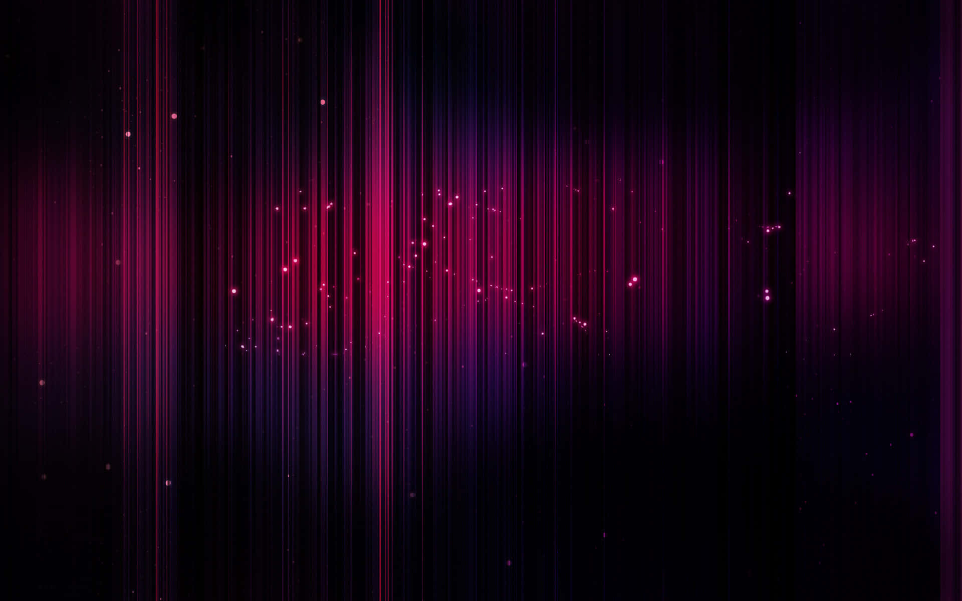 設計 桌布 壁紙 — 垂直的發光洋紅色和紫羅蘭色光條在深黑色背景上傾瀉而下，並散佈著閃爍的粒子。