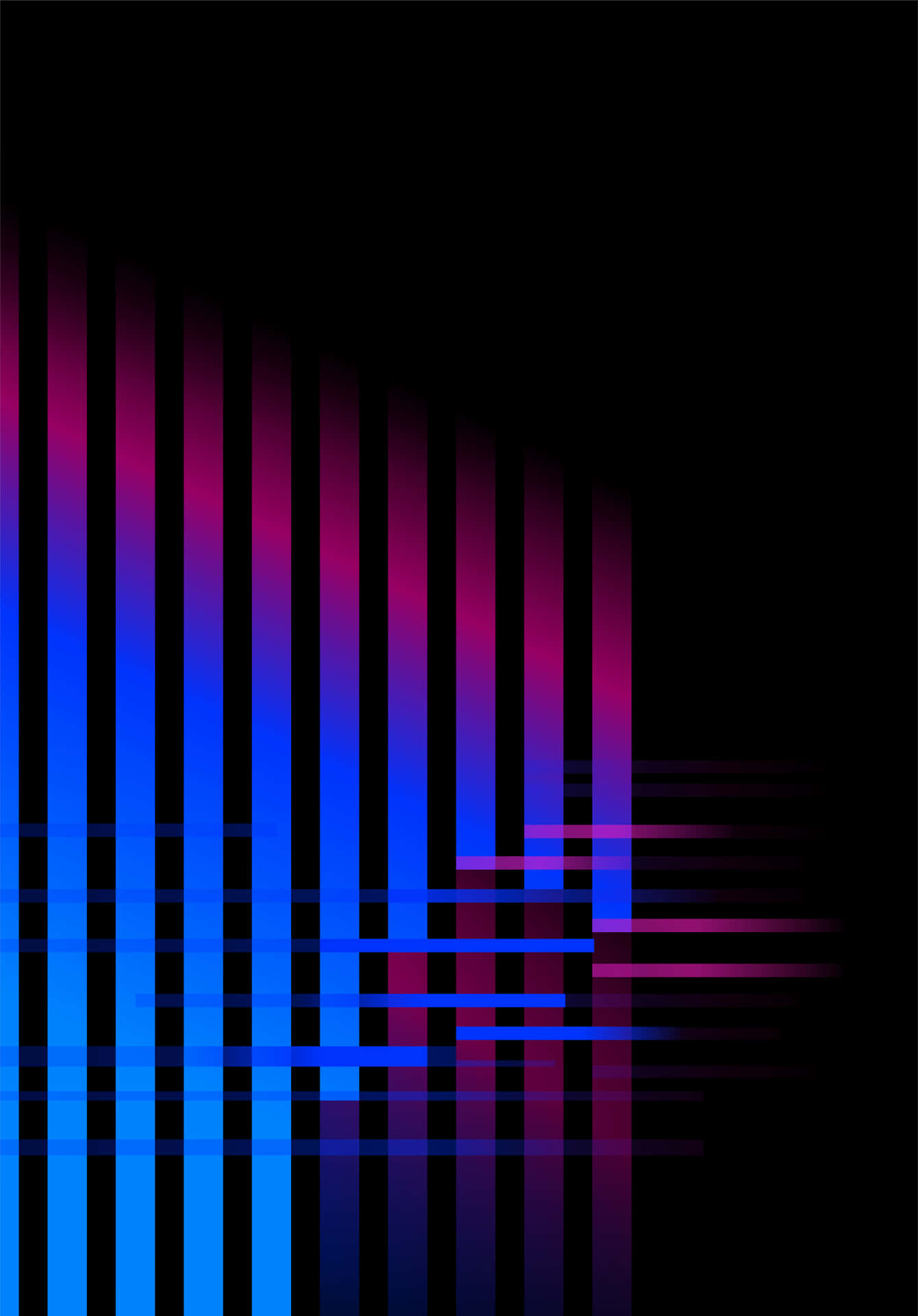 Blue Violet Striped Abstract 壁紙 — 垂直的霓虹藍和洋紅色條紋在黑色背景上發光，帶有水平故障效果。