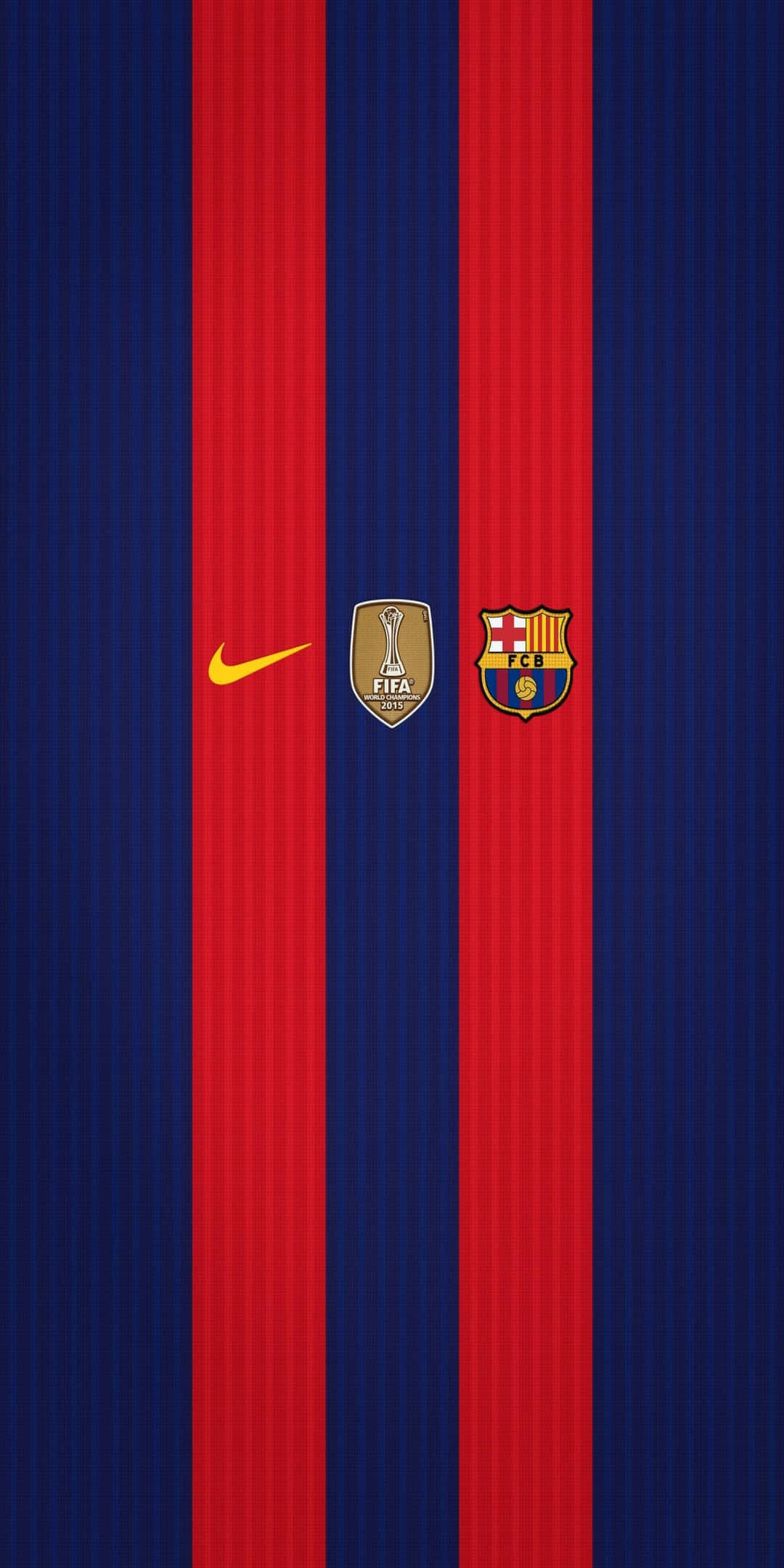 Pixel 3 Sports 桌布 壁紙 — 垂直紅藍條紋壁紙，Nike FIFA 世界冠軍球會盃和 FC 巴塞隆納標誌居中於有紋理的布料上。