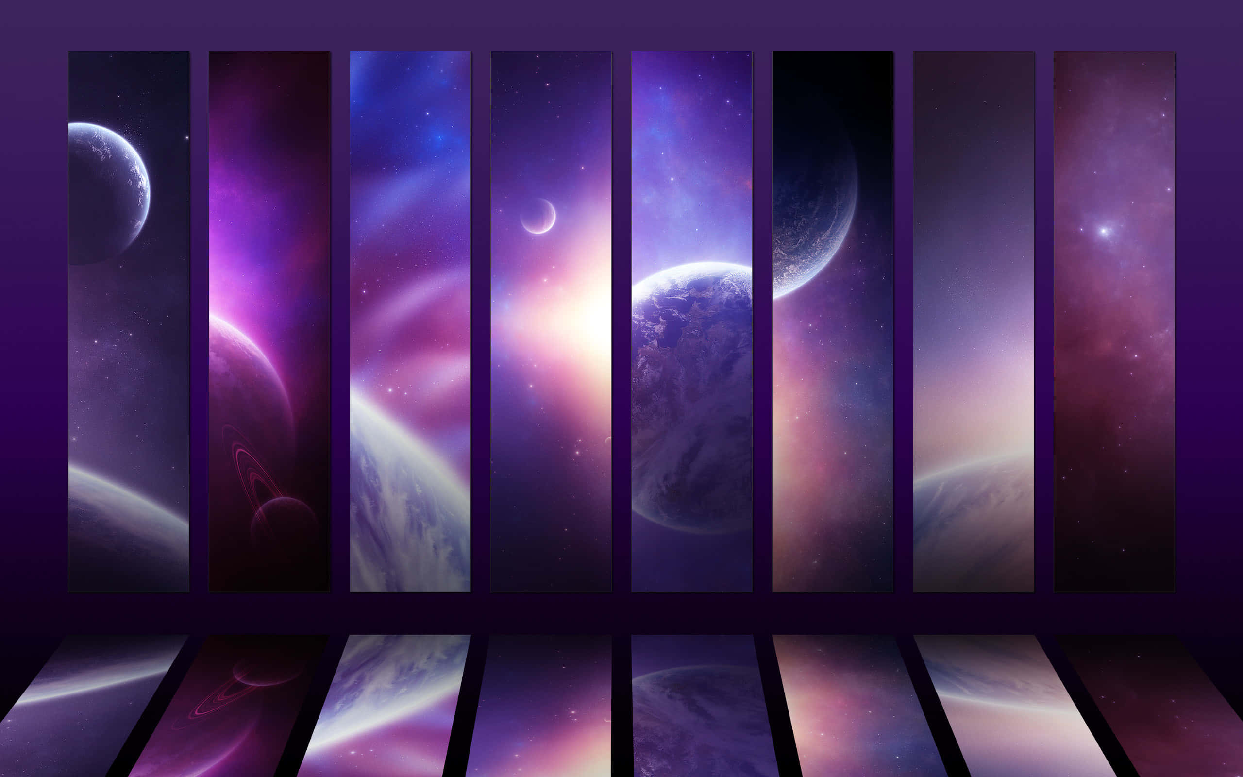 Blue And Purple 桌布 壁紙 — 垂直面板展示充滿活力的宇宙場景，包含行星、星雲和恆星，呈現深紫色和粉紅色調。