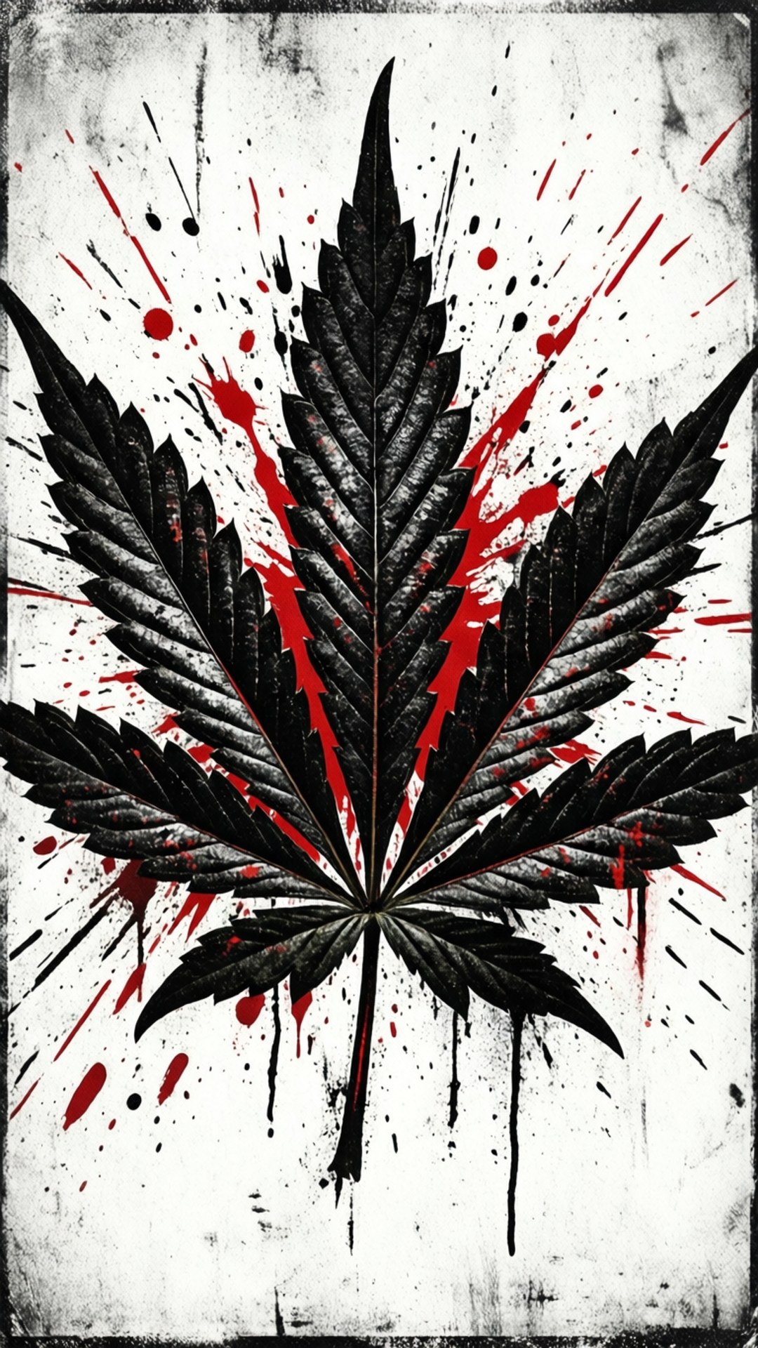 垃圾摇滚风大麻艺术 壁紙 — 一片鮮明的黑色大麻葉，在風化的白色背景上濺滿了鮮紅和黑色的墨水。