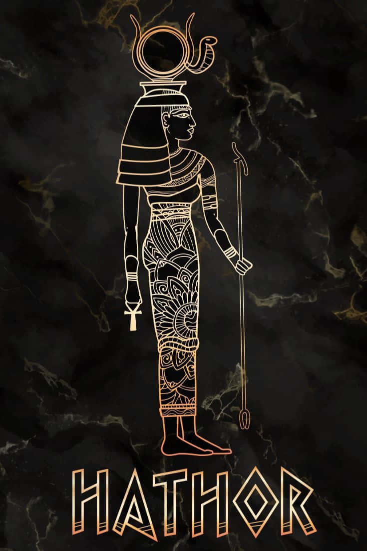 Egyptian Gods 桌布 壁紙 — 埃及女神哈索爾的金色線條藝術，在深色大理石背景下威嚴地站立，手持權杖和安卡。