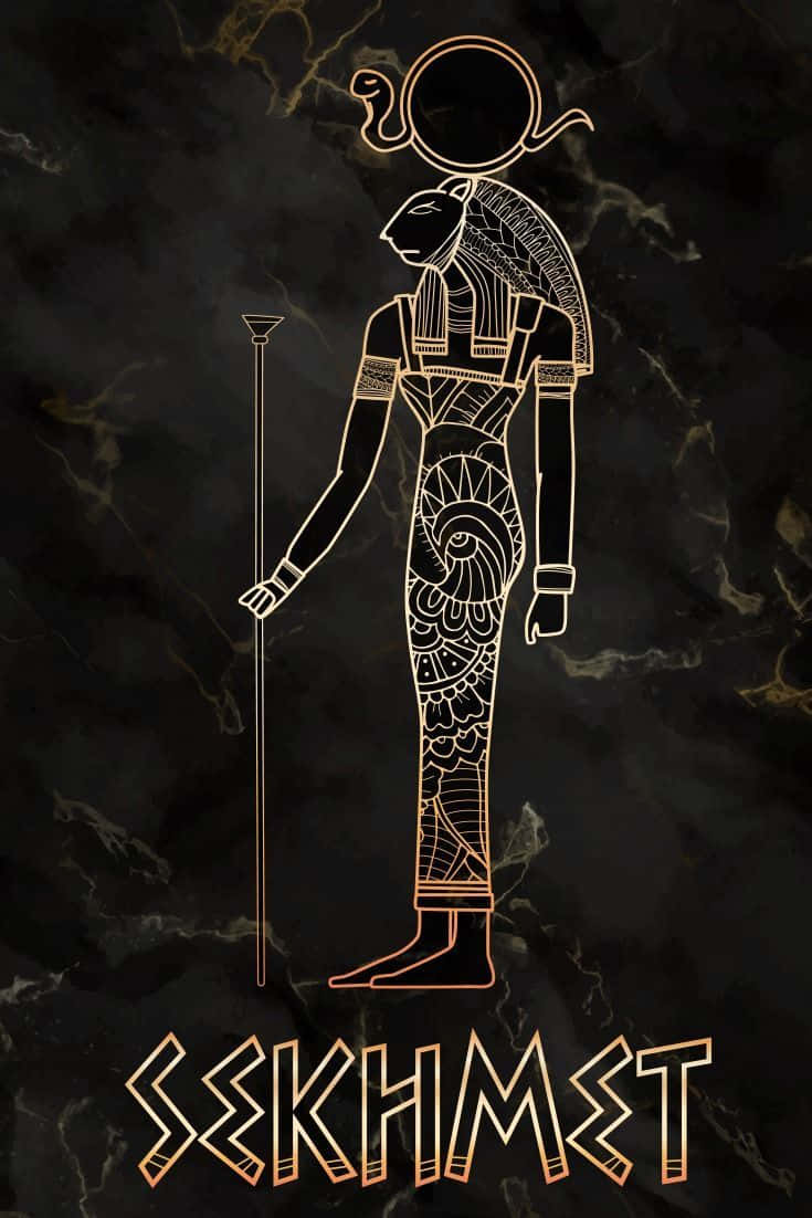 Egyptian Gods 桌布 壁紙 — 埃及女神塞赫麥特的金色線條藝術，在深色大理石背景前威嚴地站立，手持權杖。