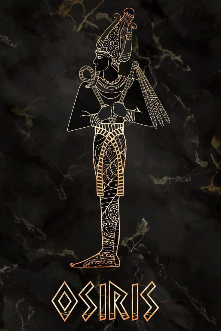 Egyptian Gods 桌布 壁紙 — 埃及神祇奧西里斯的金色線條藝術，在深色大理石背景上威嚴地站立，下方是他的名字。