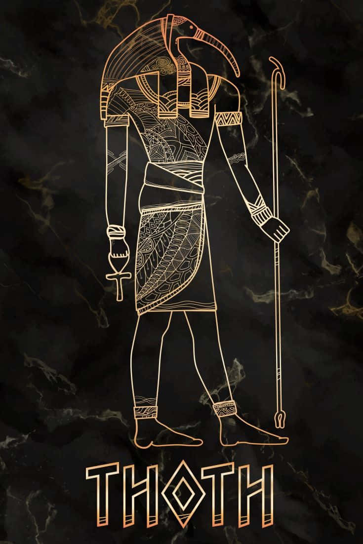 Egyptian Gods 桌布 壁紙 — 埃及神祇托特的金色線條藝術，站在深色大理石背景前，手持權杖和安卡。