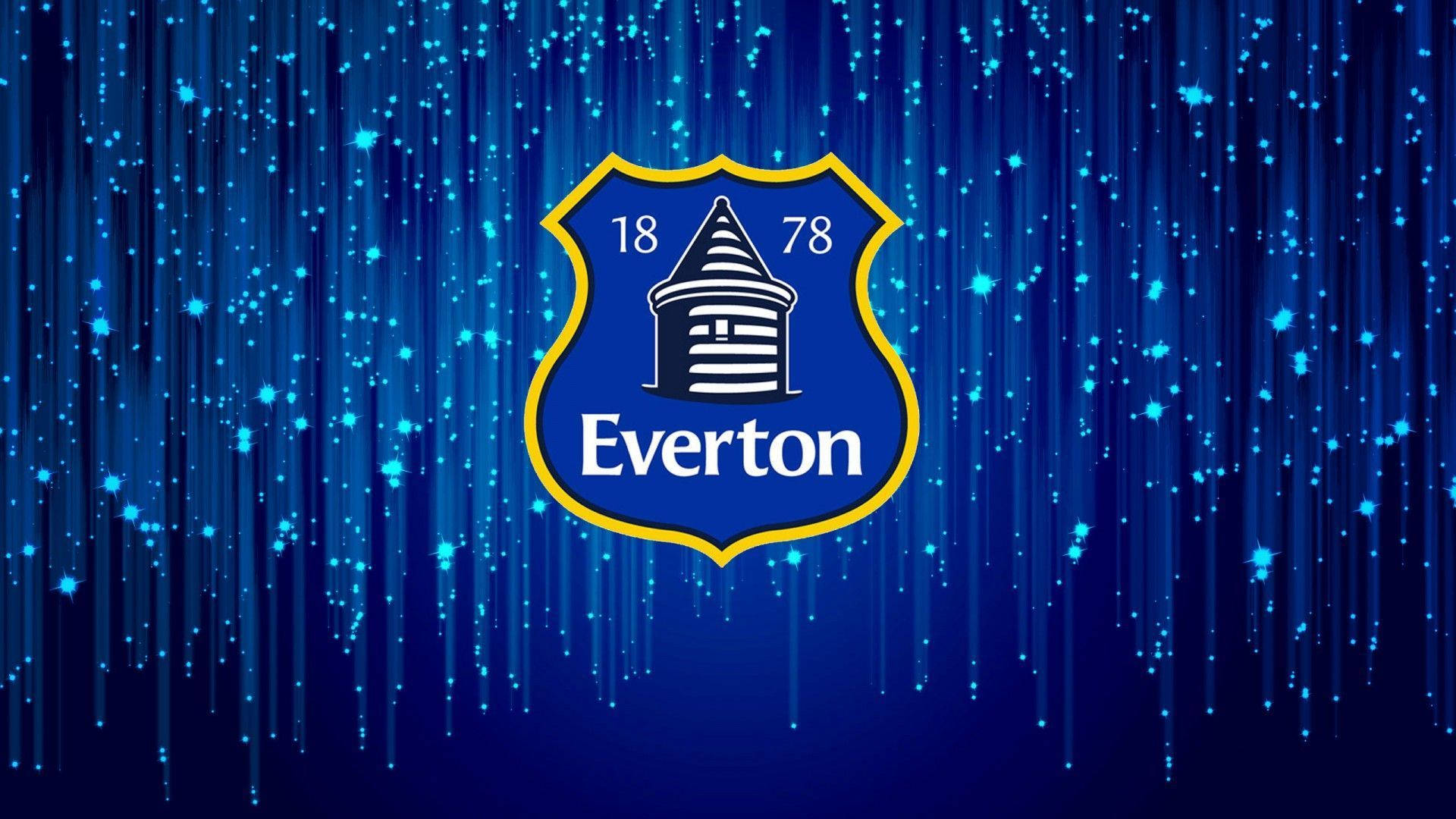 Everton 桌布 壁紙 — 埃弗頓足球俱樂部的徽章在動態藍色背景上以金色和白色發光，並帶有閃爍的垂直光條。