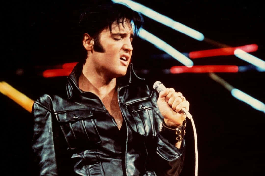 4K Elvis 桌布 壁紙 — 埃爾維斯·普雷斯利在充滿活力的舞台燈光下，身穿黑色皮夾克熱情演唱。