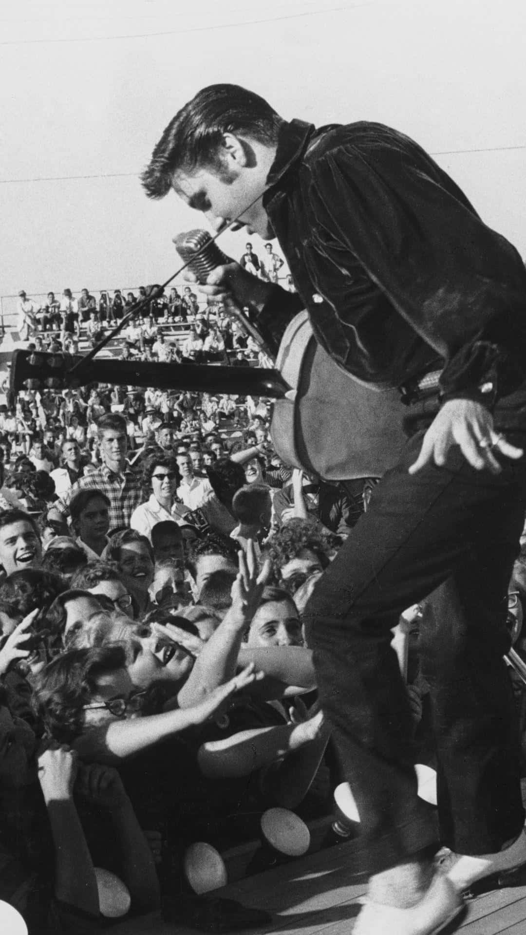 4K Elvis 桌布 壁紙 — 埃爾維斯·普雷斯利熱情地對著麥克風演唱，而狂熱的群眾伸手觸碰他，這是一場現場戶外音樂會。