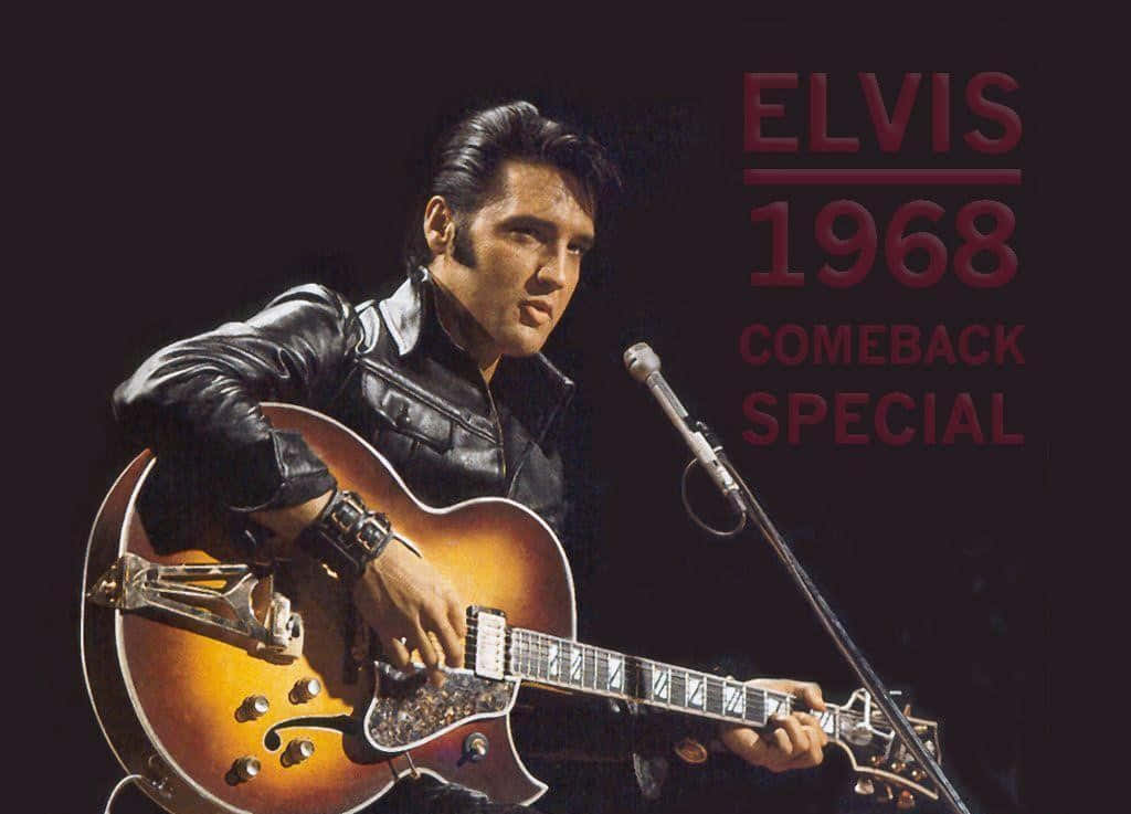 貓王 桌布 壁紙 — 埃爾維斯·普雷斯利身穿黑色皮夾克，在1968年回歸特別節目中熱情地在舞台上彈奏旭日紋電吉他。