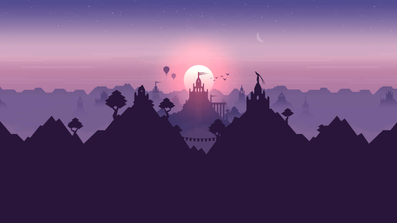1366x768 Minimalist 桌布 壁紙 — 城堡和樹木的剪影，映襯著發光的粉紅色和紫色日落天空，還有熱氣球和一彎新月。