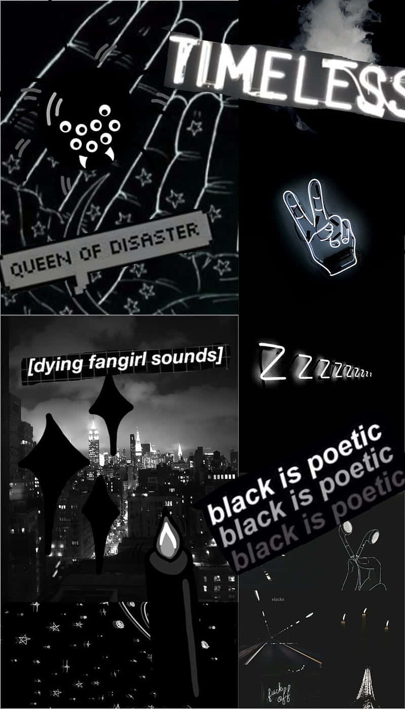 Goth Aesthetic 桌布 壁紙 — 城市夜景、發光文字和帶有詩意短語的風格化手勢的黑白拼貼畫。