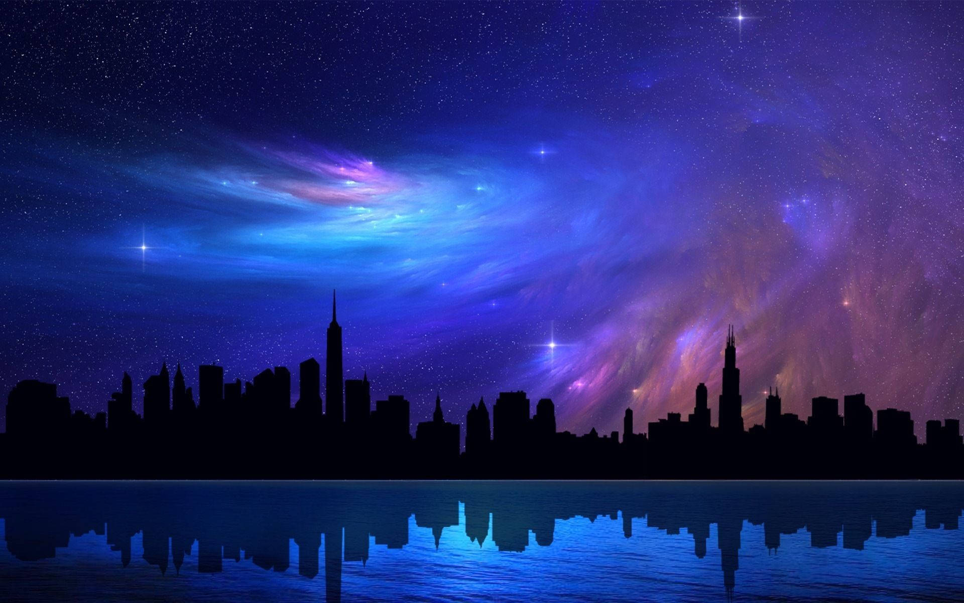 Beautiful Night 桌布 壁紙 — 城市天際線剪影在平靜的水面上倒映，下方是充滿活力的星雲夜空。